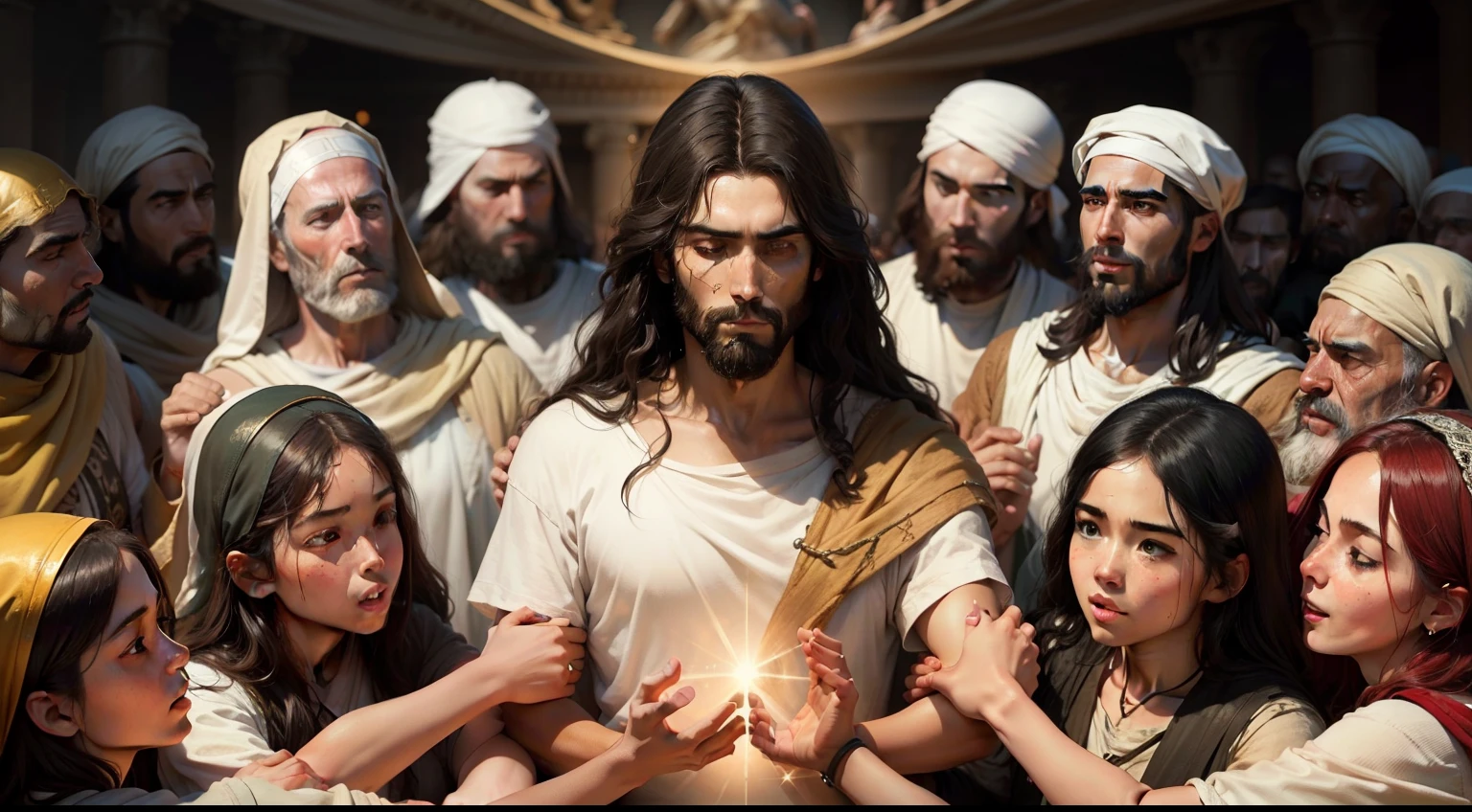 "A powerful depiction of Jesus surrounded by a diverse crowd, radiating compassion and unity to emphasize the deep message of history."