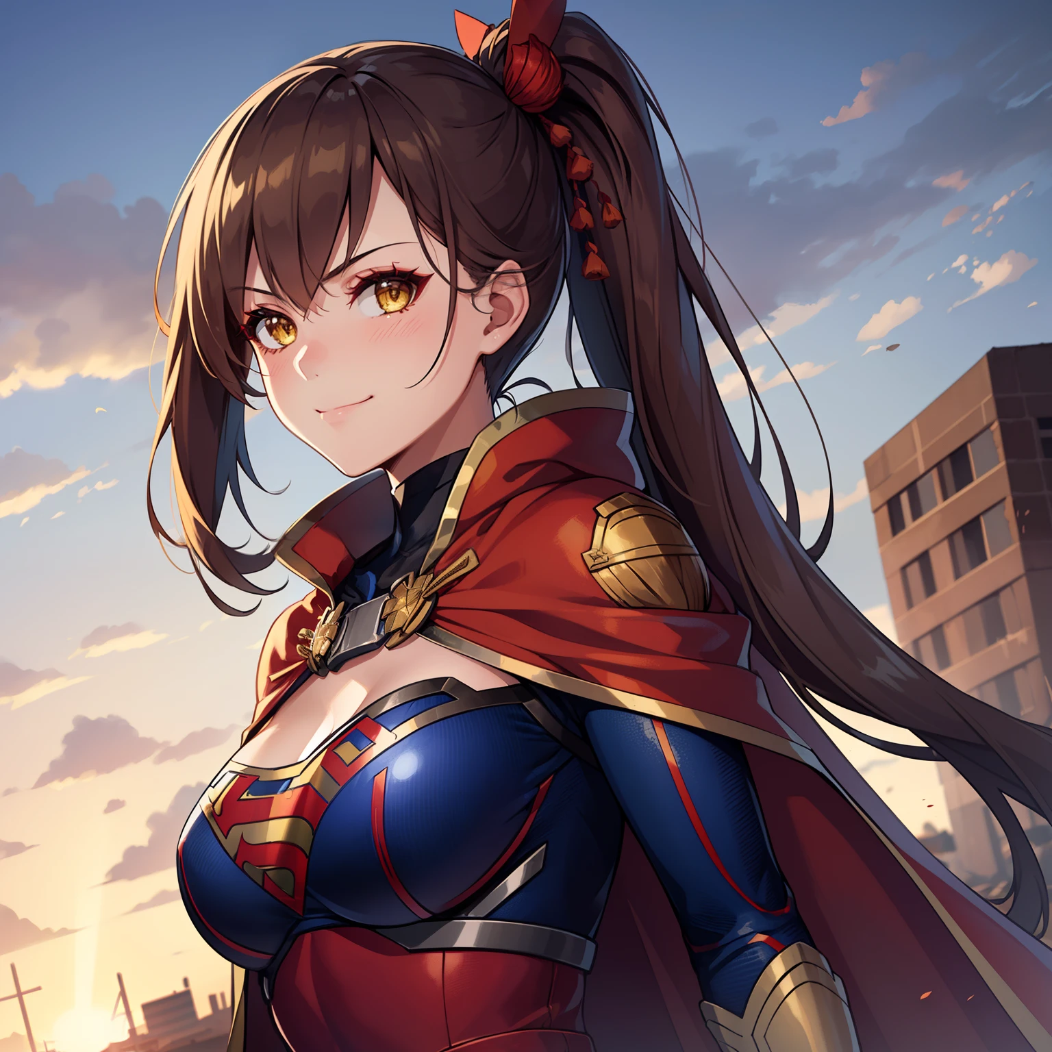 1girl,Zuikaku,gigantic breasts,superhero pose,standing in ruined city,(8k),scratches,detailed face,brown hair,yellow eyes,very long hair,embarassed,small smile face, side ponytail,orange eyeshadow,hair ornament, high_res, high_definition,the battlefield,blue suite,red cape,(Supergirl Custom:1.1),