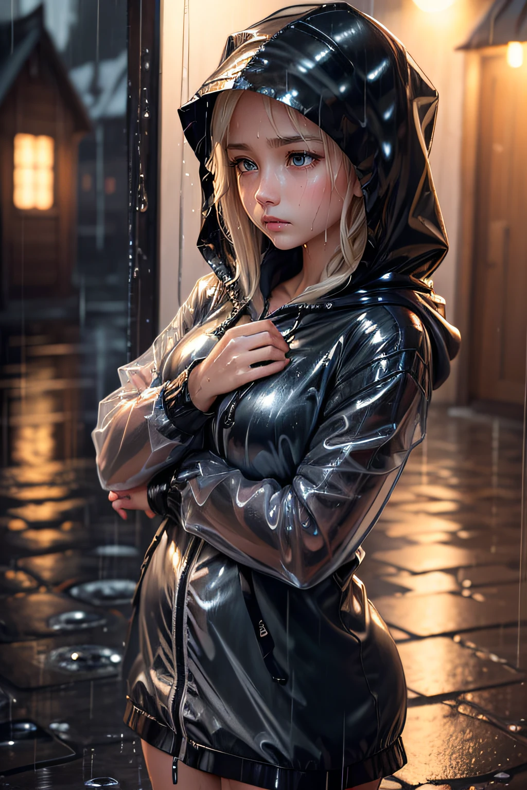 (Masterpiece:1.2, Best quality), (Real picture, Intricate details), (during night, Dark, heavy rain poured:1.4) There was no one in the alley, the surroundings were silent, Only raindrops splashed on the tiled eaves of low houses, Near and far;, making a slight rustling sound. In the cold rain, (1girll, Wet hooded jacket, Sad, Perfect eyes:1.2) are standing,Fold your arms over your chest,8K,The jacket flutters in the wind