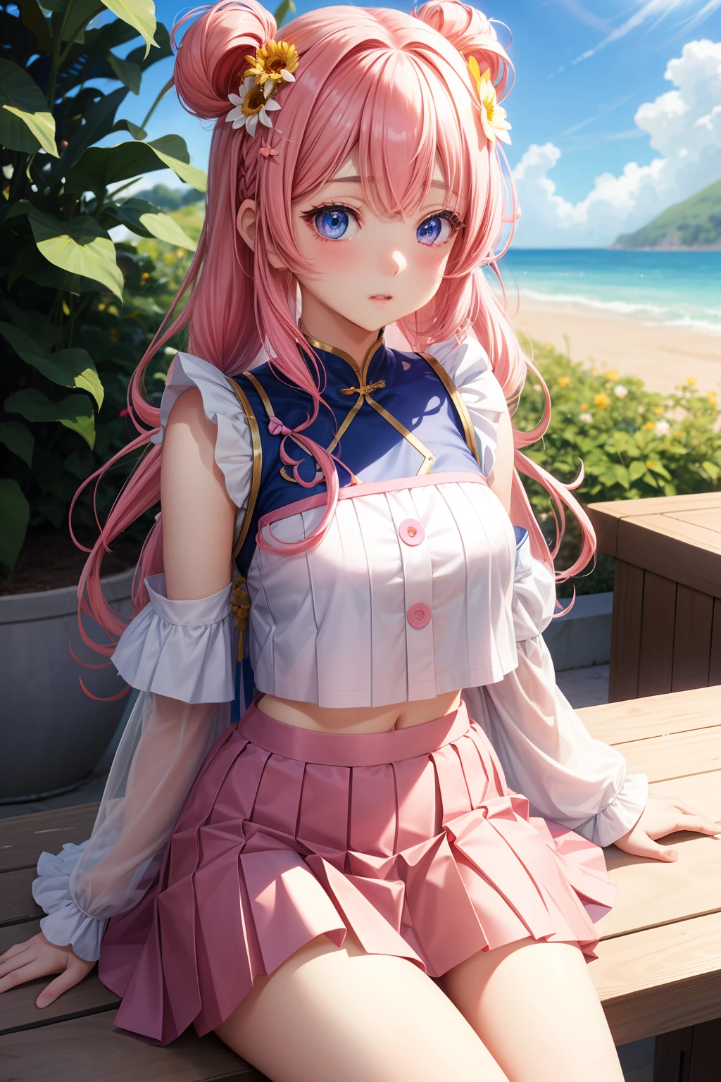 realisticlying、女の子 1 人、Twin-tailed pink hair、blue eyess、radiant eyes、croptop、skirt by the、Parted lips、natta、florals、suns、sunlights、