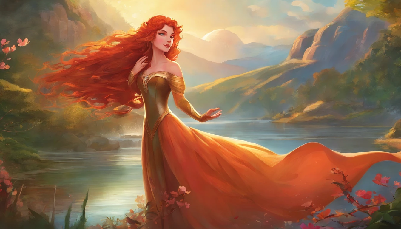 A closeup of a woman with long red hair standing near a lake, portrait of princess merida, Artgerm e Atey Ghailan, Estilo de Arte Disney, arte conceitual disney, Shallan Davar, Arte no estilo da Disney, Atey Ghailan 8 K, Arte Disney, Alena Aenami e Artgerm, Arte Disney