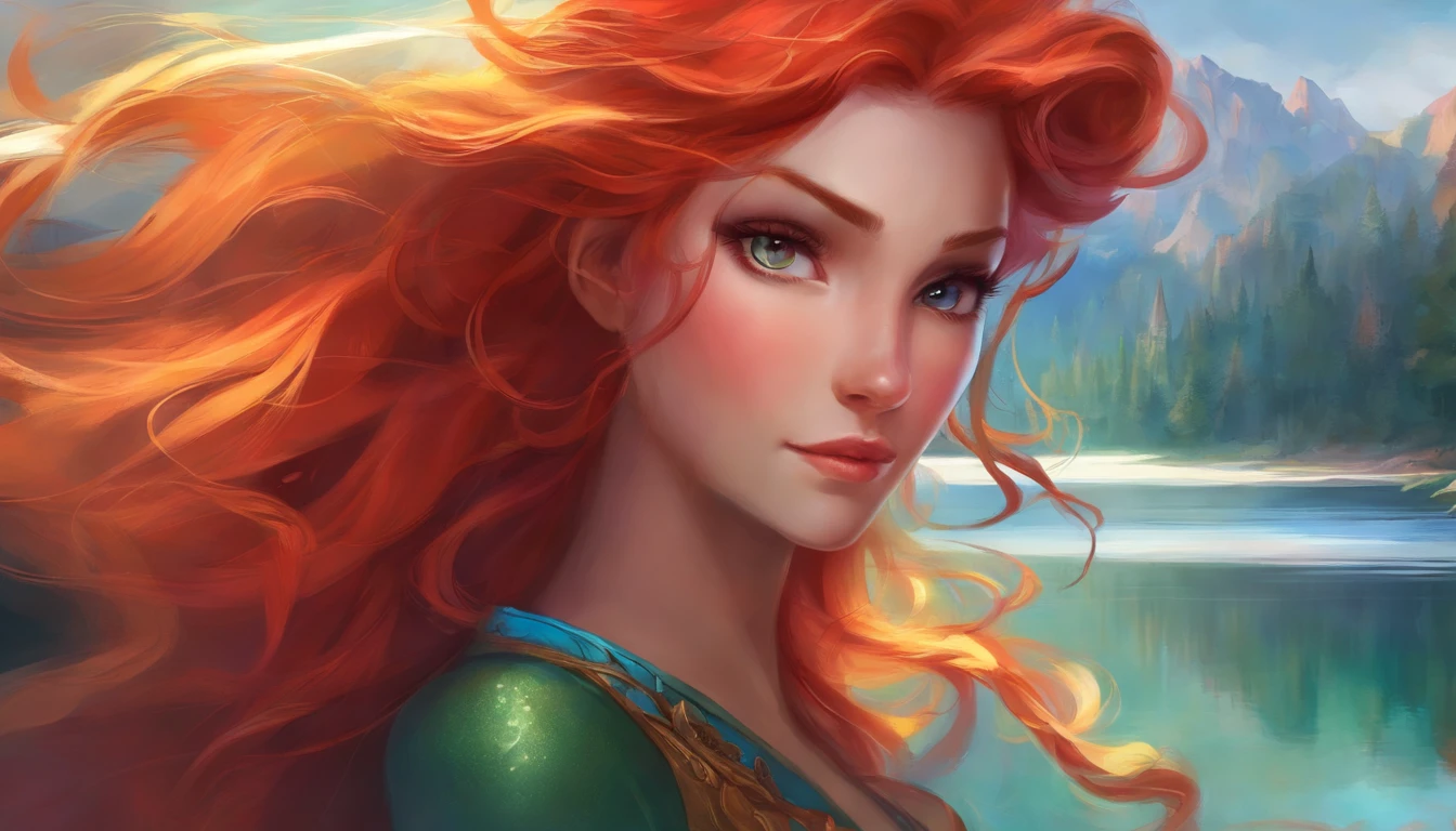 A closeup of a woman with long red hair standing near a lake, portrait of princess merida, Artgerm e Atey Ghailan, Estilo de Arte Disney, arte conceitual disney, Shallan Davar, Arte no estilo da Disney, Atey Ghailan 8 K, Arte Disney, Alena Aenami e Artgerm, Arte Disney