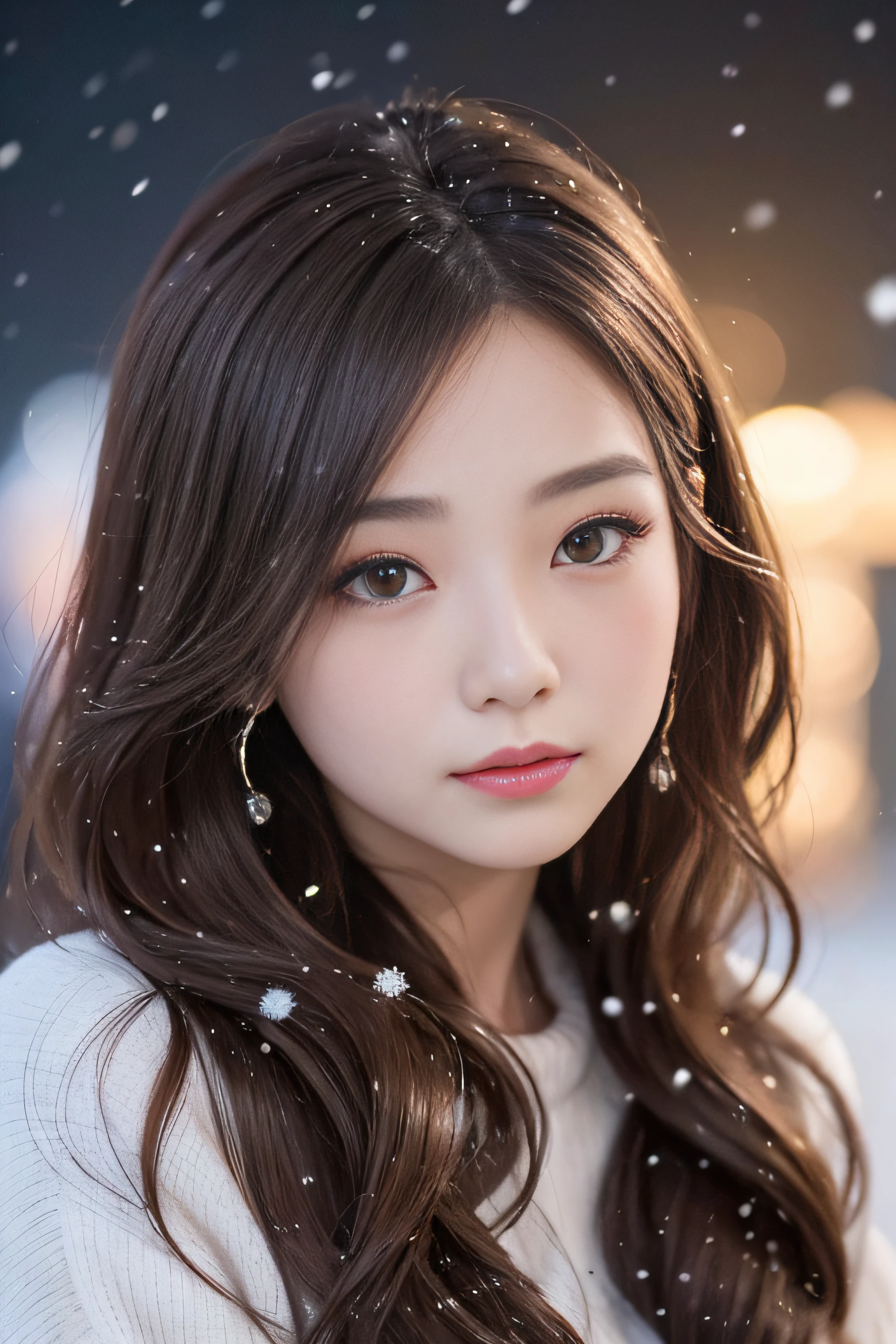 1womanl、late 20s age、(Strong-willed super beauty)、(ultra beautiful faces)、Wearing makeup、Wavy brown hair、Shallow depth of field、It's snowing since I got off the night train、Only the sound of the sea is heard、I also took the ferry alone、I was staring at the freezing seagull