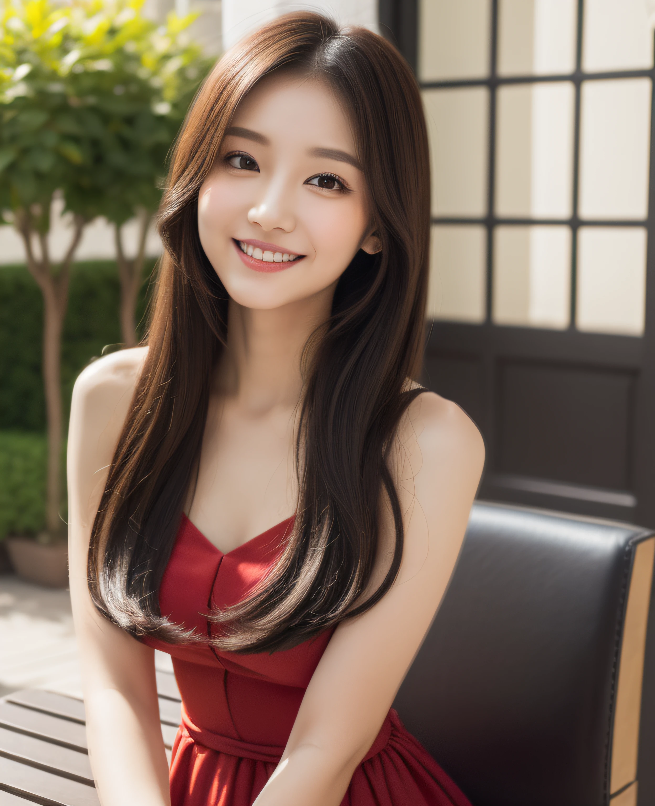 1girl, alone, solitary, high quality, (best quality,4k,8k,highres,masterpiece:1.2),ultra-detailed,(realistic,photorealistic,photo-realistic:1.37),gorgeous hair,light brown hair,long hair with curls and bangs,puffy eyes,mole on the cheek,plump lips,jewelry,(high detailed skin:1.4),(light room:1.3),(rim lighting:1.3),(lit:1.3),(sunny day:1.3),indoors,portrait,perfect smile, waist-length hair, red or black clothes, beautiful smile, perfect teeth
