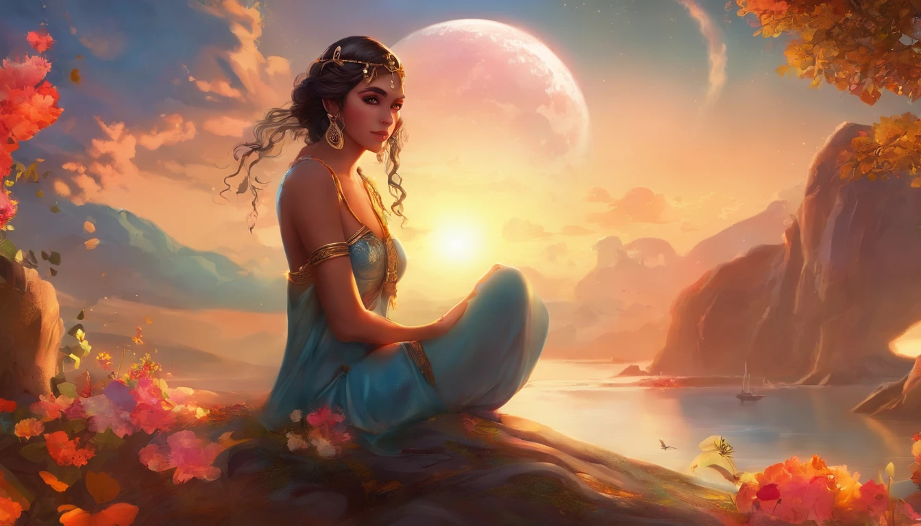 jasmine 1girl, solo, looking at viewer, smile, shirt, bare shoulders, jewelry, sitting, full body, flower, earrings, pants, off shoulder, crop top, makeup, bird, border, moon, full moon, off-shoulder shirt (realistic:1.2), (realism), (masterpiece:1.2), (best quality), (ultra detailed), (8k, 4k, intricate),(full-body-shot:1), (85mm),light particles, lighting, (highly detailed:1.2),(detailed face:1.2), (gradients), sfw, colorful,(detailed eyes:1.2)(detailed background),detailed landscape, (dynamic angle:1.2), (dynamic pose:1.2), (rule of third_composition:1.3), (Line of action:1.2)