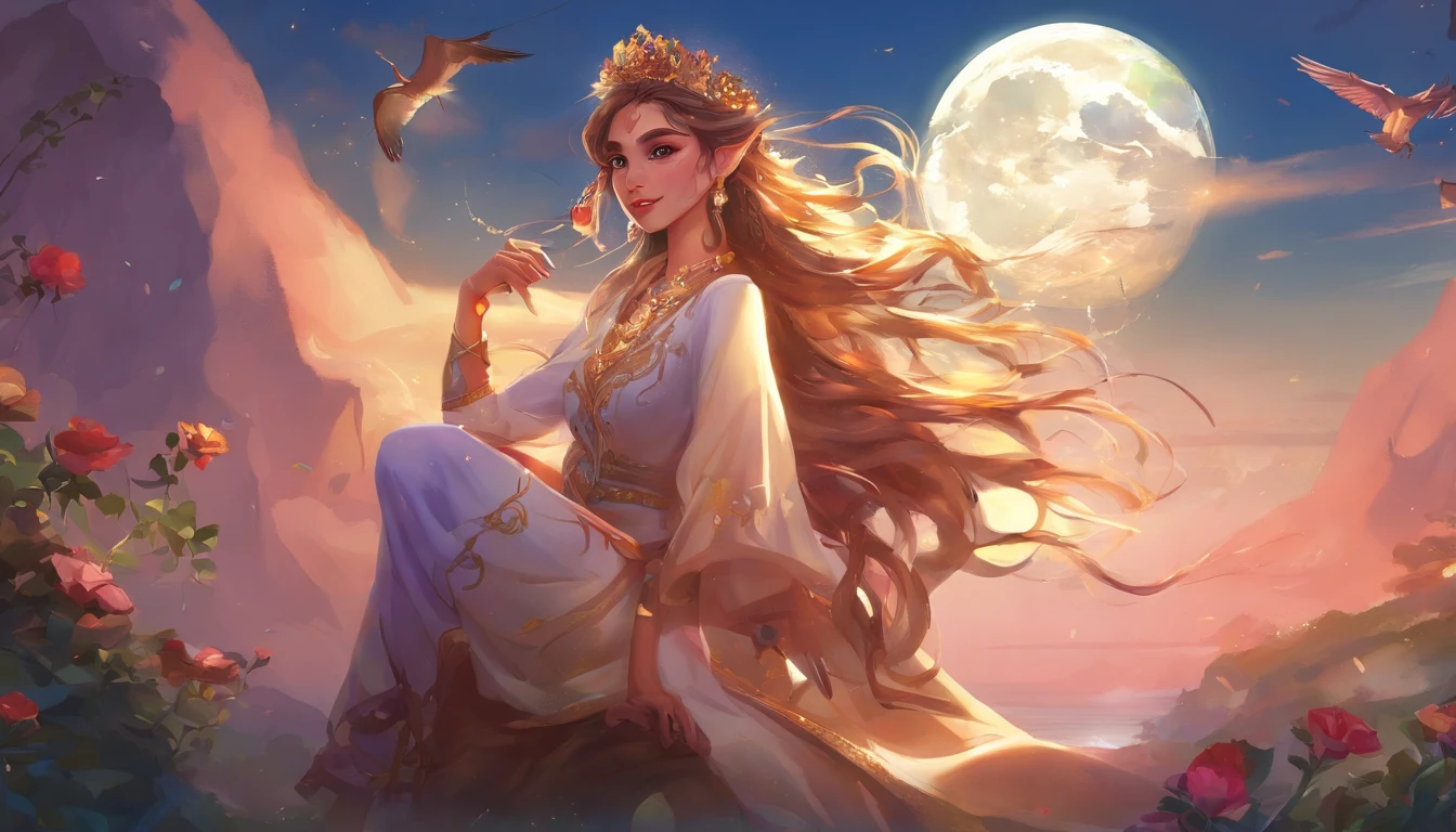 jasmine  1girl, solo, looking at viewer, smile, shirt, bare shoulders, jewelry, sitting, full body, flower, earrings, pants, off shoulder, crop top, makeup, bird, border, moon, full moon, off-shoulder shirt (realistic:1.2), (realism), (masterpiece:1.2), (best quality), (ultra detailed), (8k, 4k, intricate),(full-body-shot:1), (85mm),light particles, lighting, (highly detailed:1.2),(detailed face:1.2), (gradients), sfw, colorful,(detailed eyes:1.2)(detailed background),detailed landscape, (dynamic angle:1.2), (dynamic pose:1.2), (rule of third_composition:1.3), (Line of action:1.2)