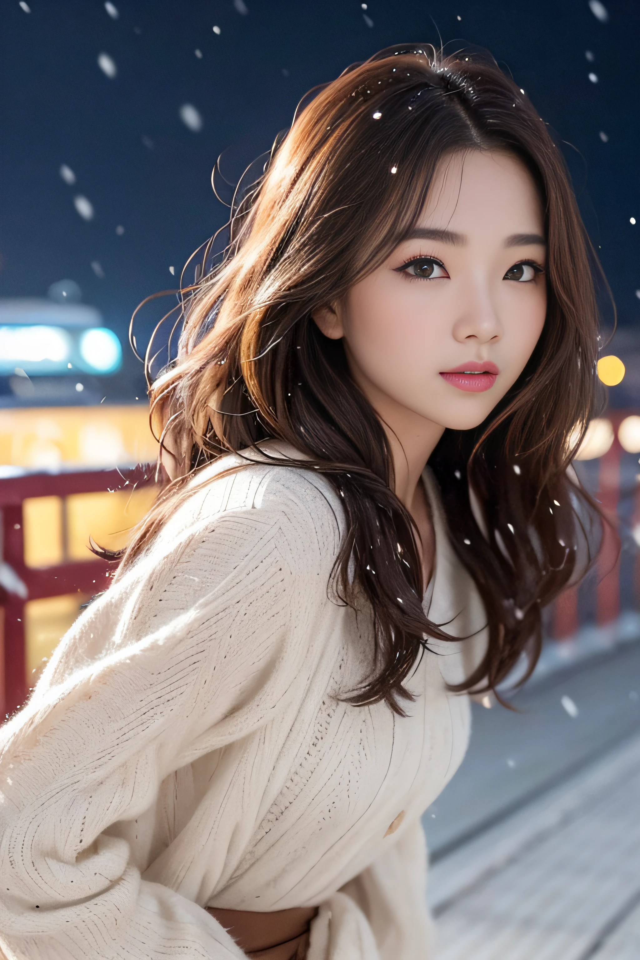 1womanl、late 20s age、(Strong-willed super beauty)、(ultra beautiful faces)、Wearing makeup、Wavy brown hair、Shallow depth of field、It's snowing since I got off the night train、Only the sound of the sea is heard、I also took the ferry alone、I was staring at the freezing seagull
