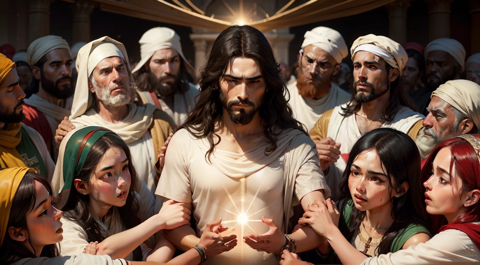 "A powerful depiction of Jesus surrounded by a diverse crowd, radiating compassion and unity to emphasize the deep message of history."