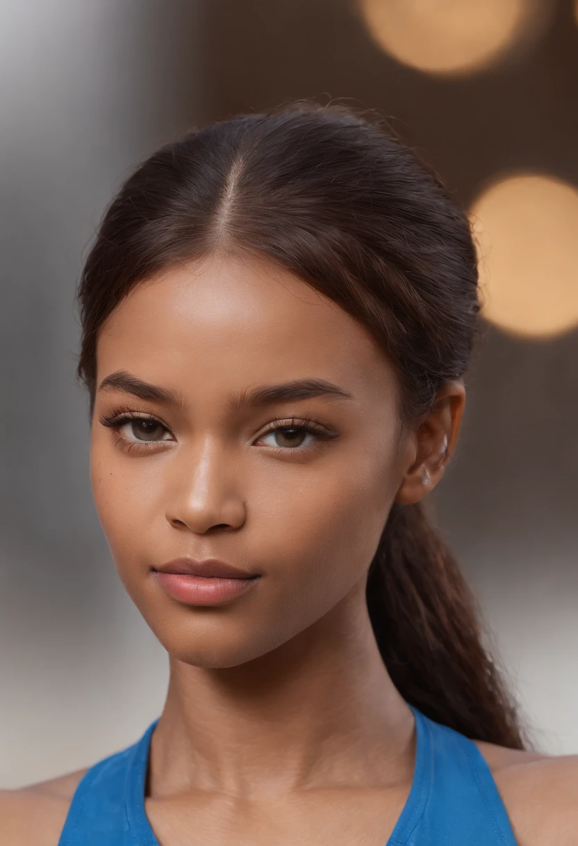 "Create an ultra-realistic masterpiece with photorealistic details, featuring a caramel-skinned African ginger girl with frosty black hair in a ponytail. Detailed faces with bright neon blue and freckles, porter des uniformes scolaires. La fille a une exposition sous-seineuse. Standing outside, side face, with arms positioned at an angle to their sides, focus on the groin and prominent hip bones."