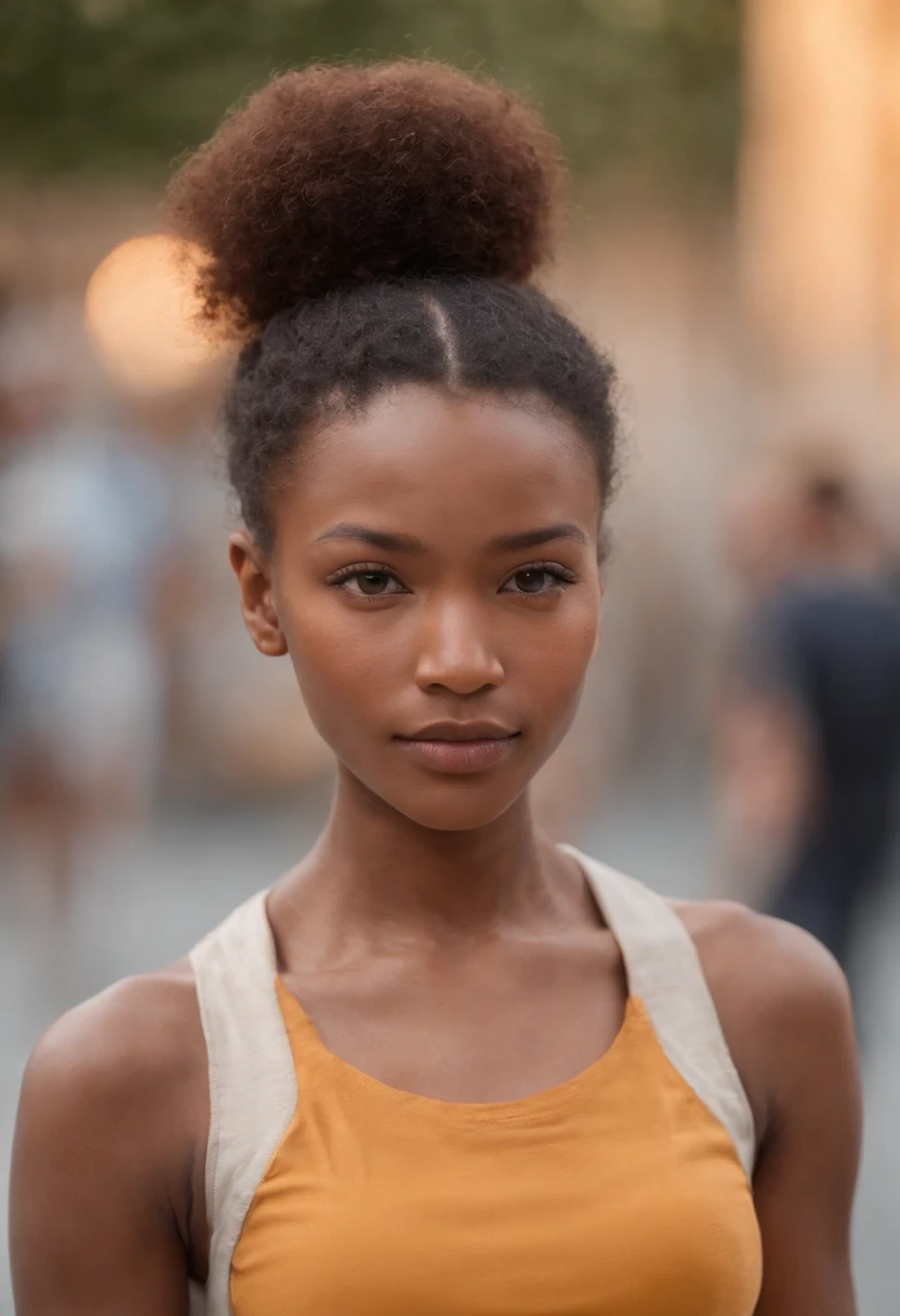 "Create an ultra-realistic masterpiece with photorealistic details, featuring a caramel-skinned African ginger girl with frosty black hair in a ponytail. Detailed faces with bright neon blue and freckles, porter des uniformes scolaires. La fille a une exposition sous-seineuse. Standing outside, side face, with arms positioned at an angle to their sides, focus on the groin and prominent hip bones."