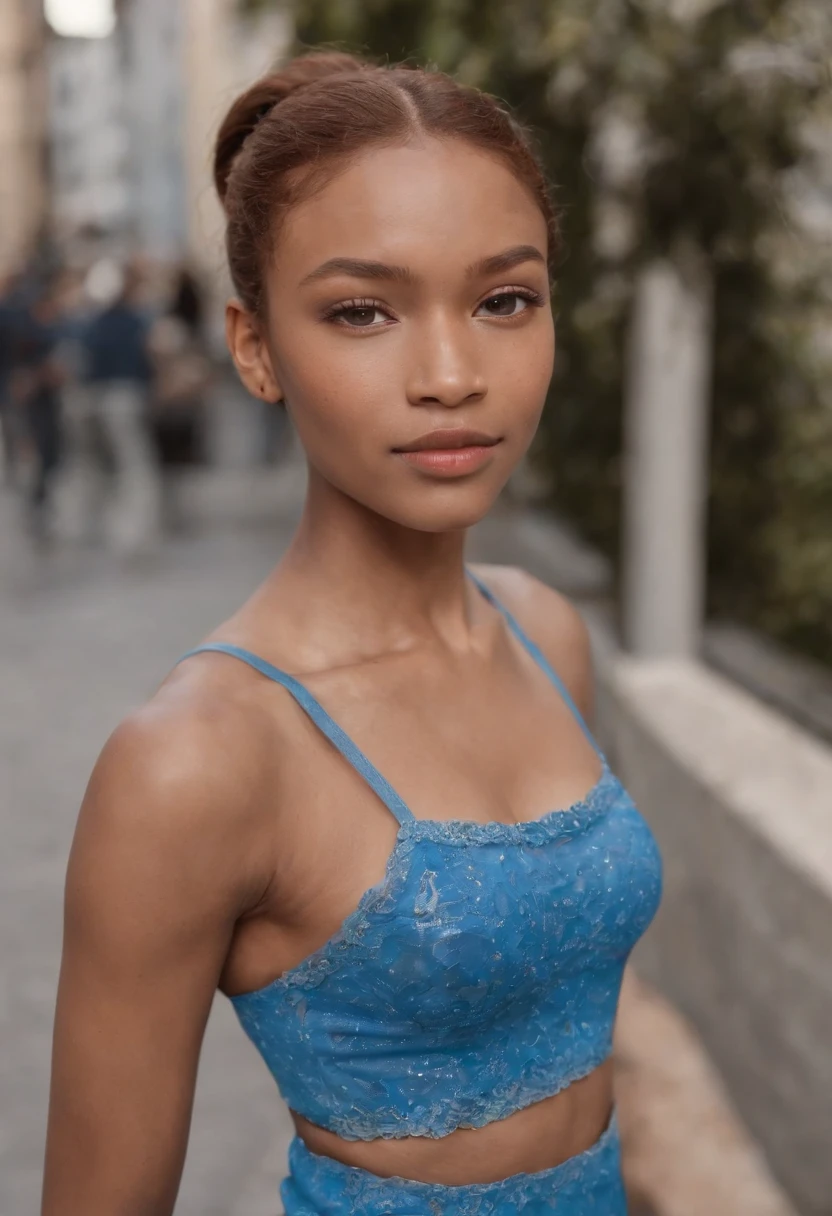 "Create an ultra-realistic masterpiece with photorealistic details, featuring a caramel-skinned African ginger girl with frosty black hair in a ponytail. Detailed faces with bright neon blue and freckles, porter des uniformes scolaires. La fille a une exposition sous-seineuse. Standing outside, side face, with arms positioned at an angle to their sides, focus on the groin and prominent hip bones."