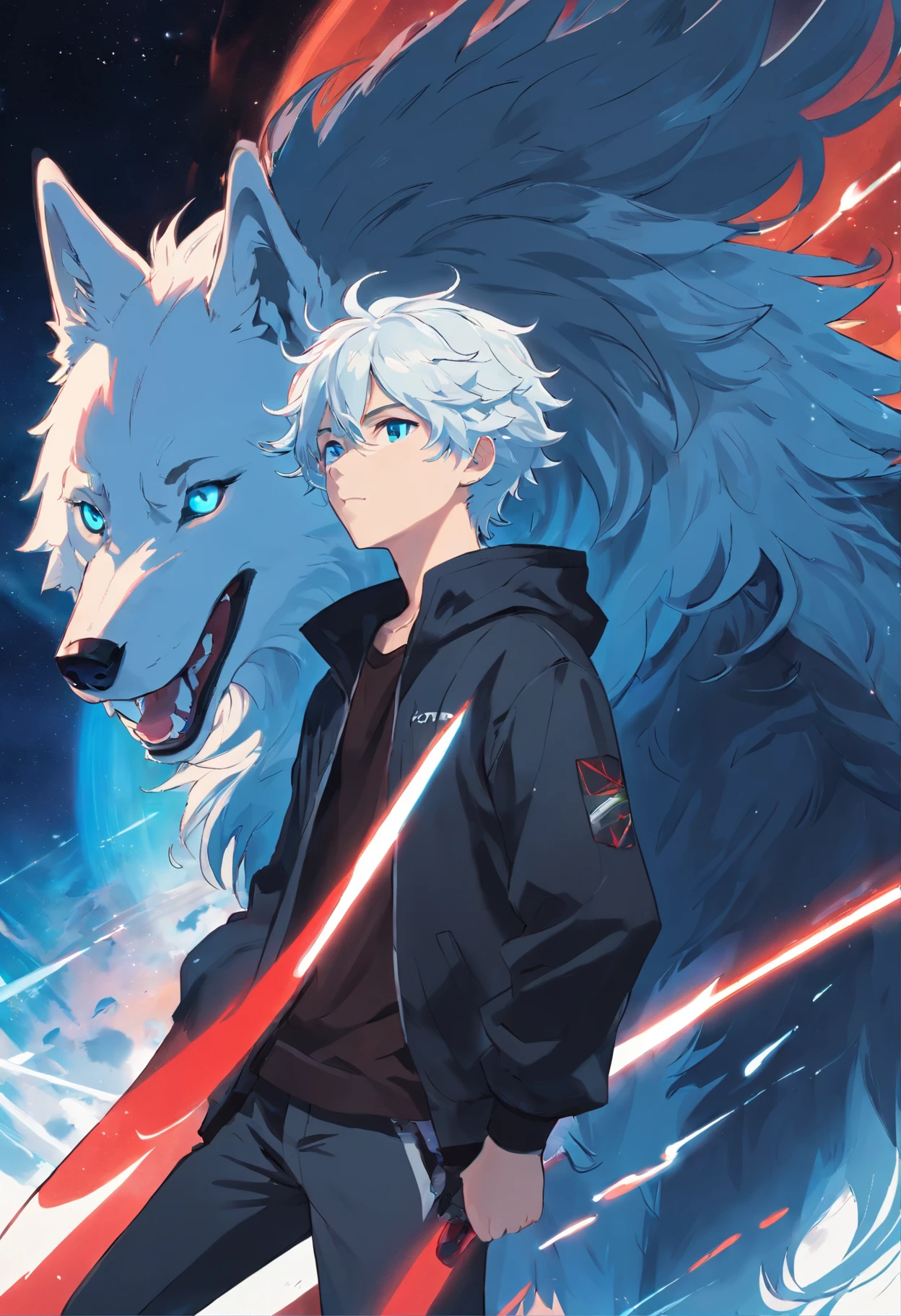 A young age man with white curly hair and vibrant blue eyes in a black outfit with white details with a very large black wolf with some red details in the middle of the space