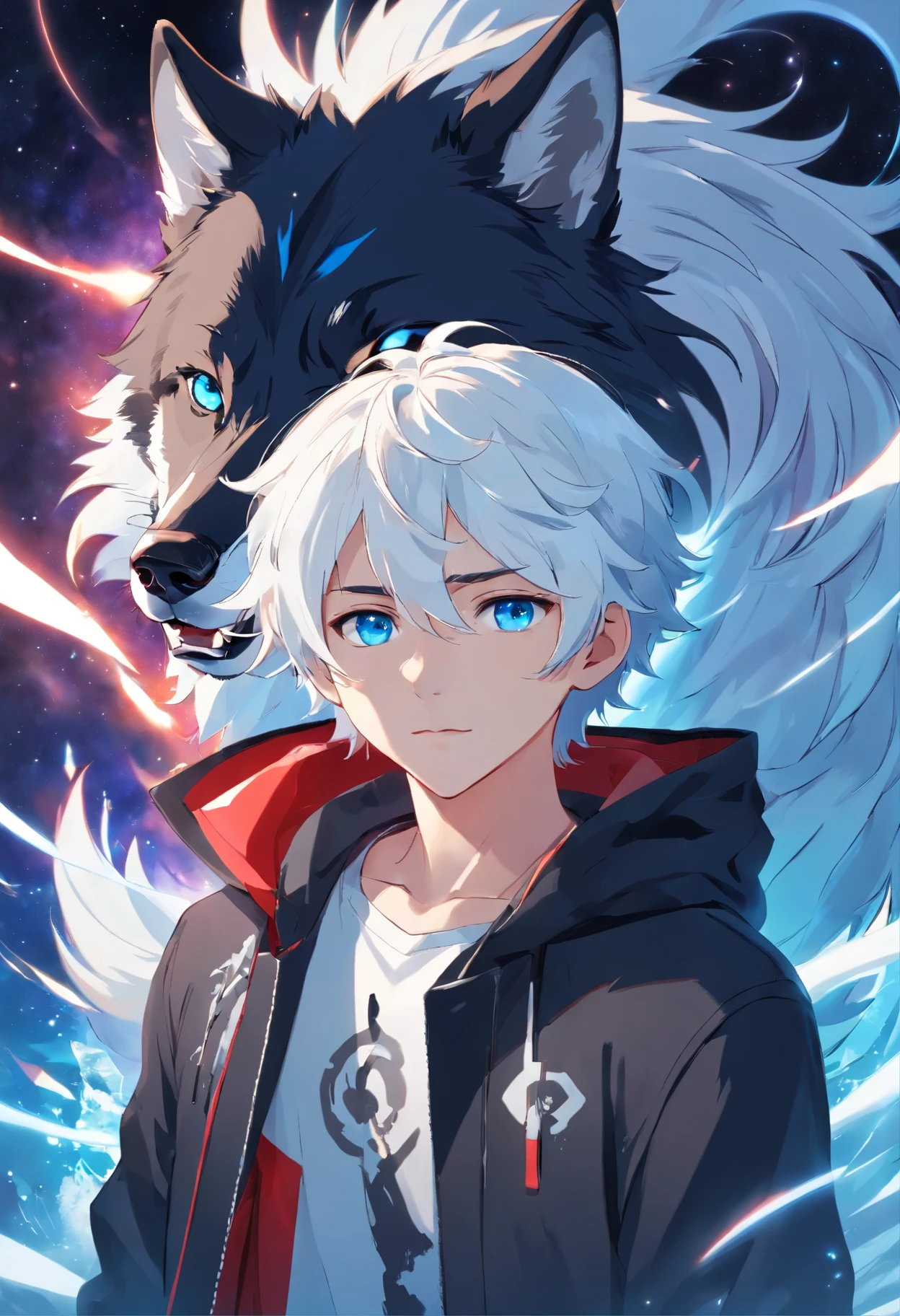 A young teenage man with white curly hair and vibrant blue eyes in a black outfit with white details with a very large black wolf with some red details in the middle of the space