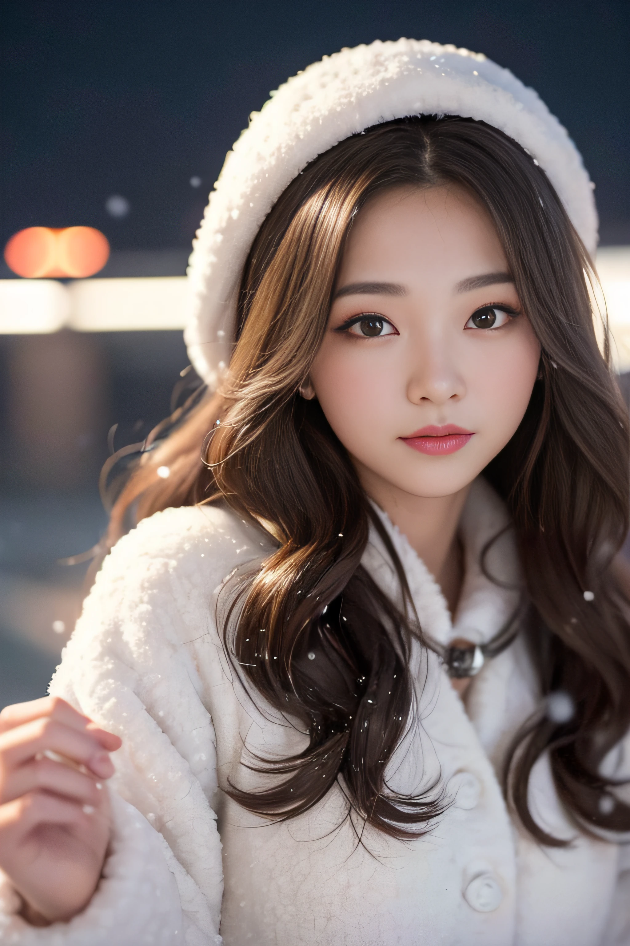 1womanl、late 20s age、(Strong-willed super beauty)、(ultra beautiful faces)、Wearing makeup、Wavy brown hair、Shallow depth of field、It's snowing since I got off the night train、Only the sound of the sea is heard、I also took the ferry alone、I was staring at the freezing seagull