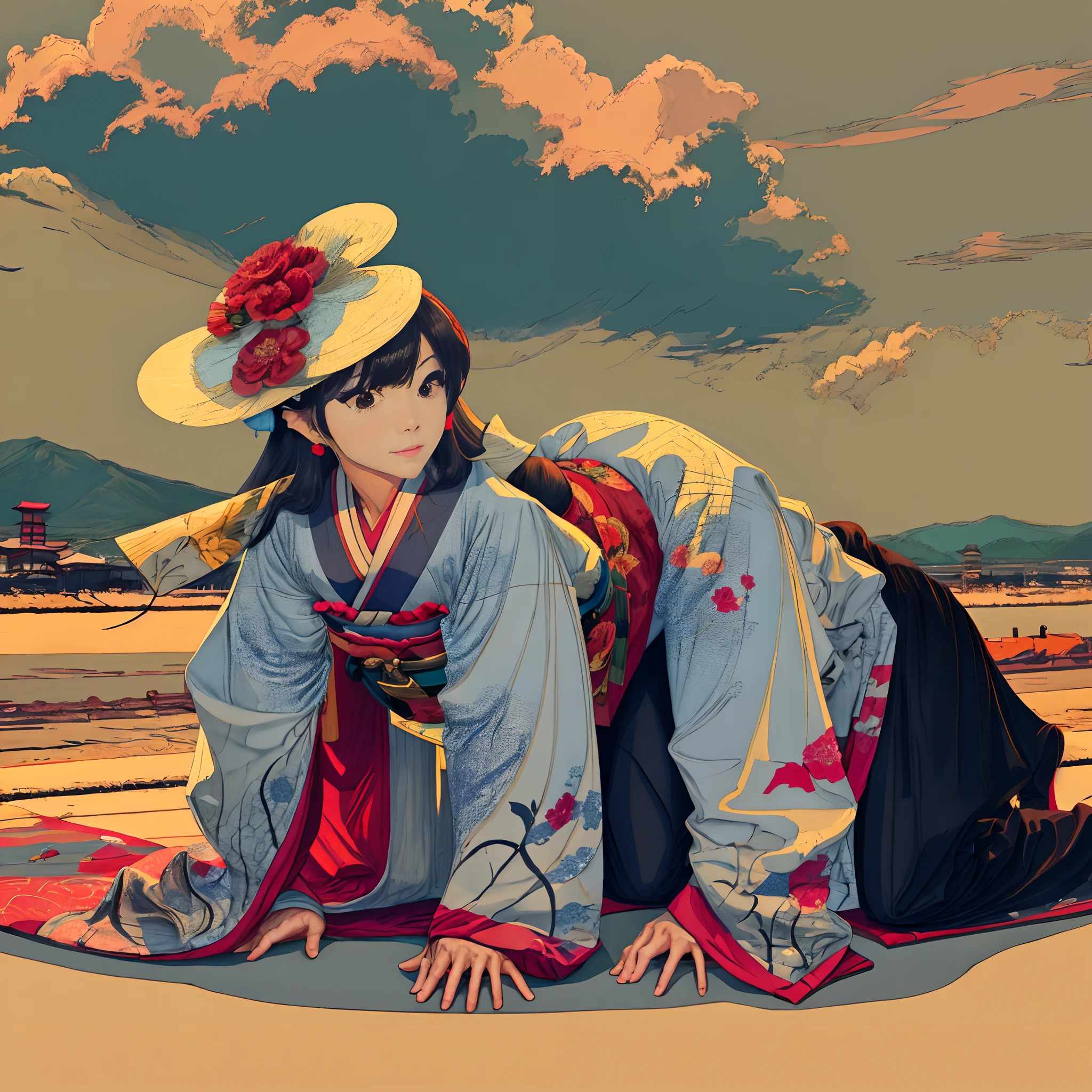 A beautiful Japanese woman in a kimono holding a naked man on all fours.