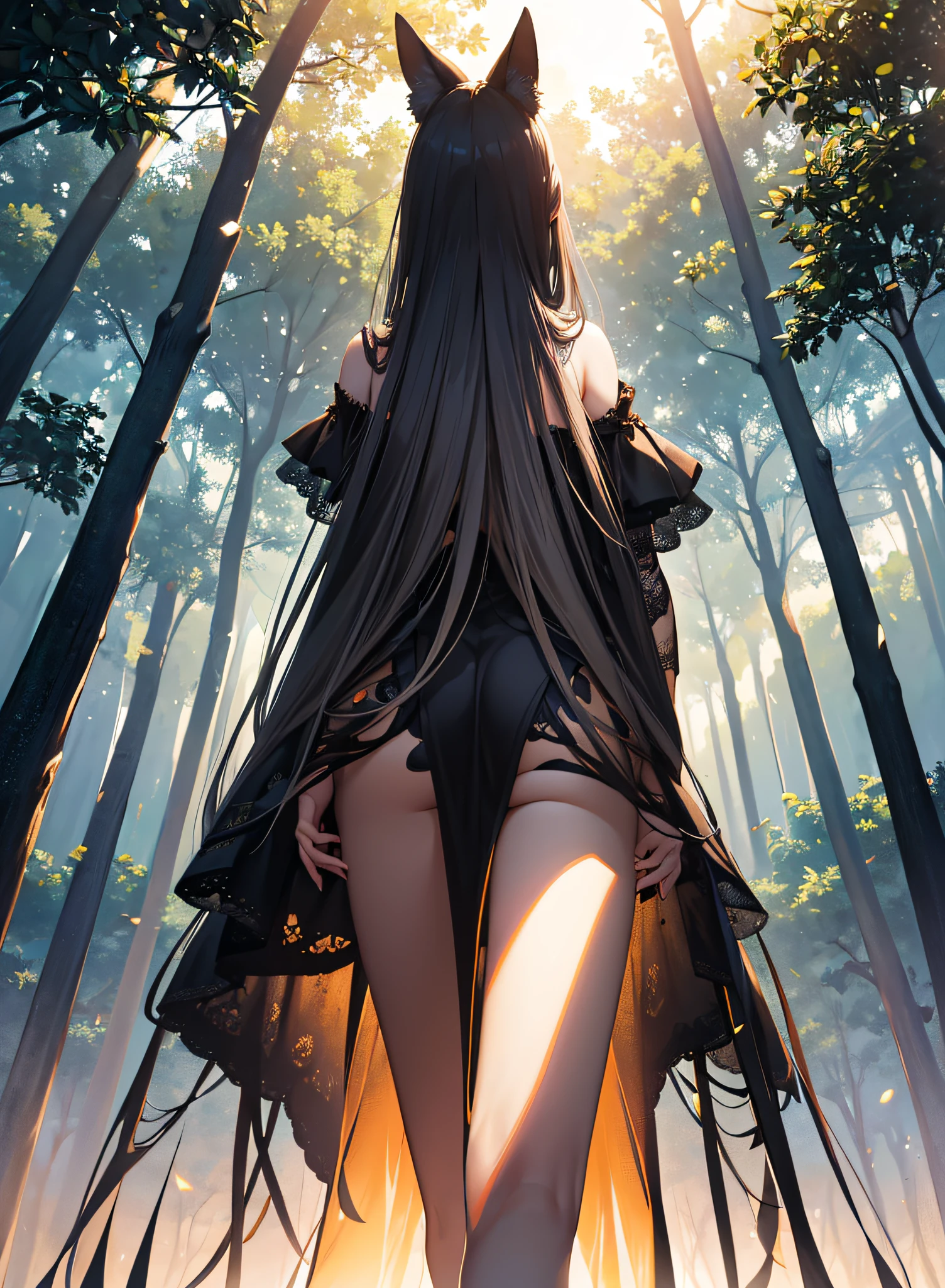group of foxes roaming the field of black roses, dead trees along the way, (masterpiece), (circulated: 1.5), perfect drawing, (ultra-realistic), {extremely detailed CG unit 8k wallpaper}, Photography by expansive landscape, (a view from below showing the sunset, expansive open field view), (low-angle shot), (light: 0.5), (warm light source: 1.0), complex details, (iridescent colors: 1.5), (bright lighting), (atmospheric lighting)