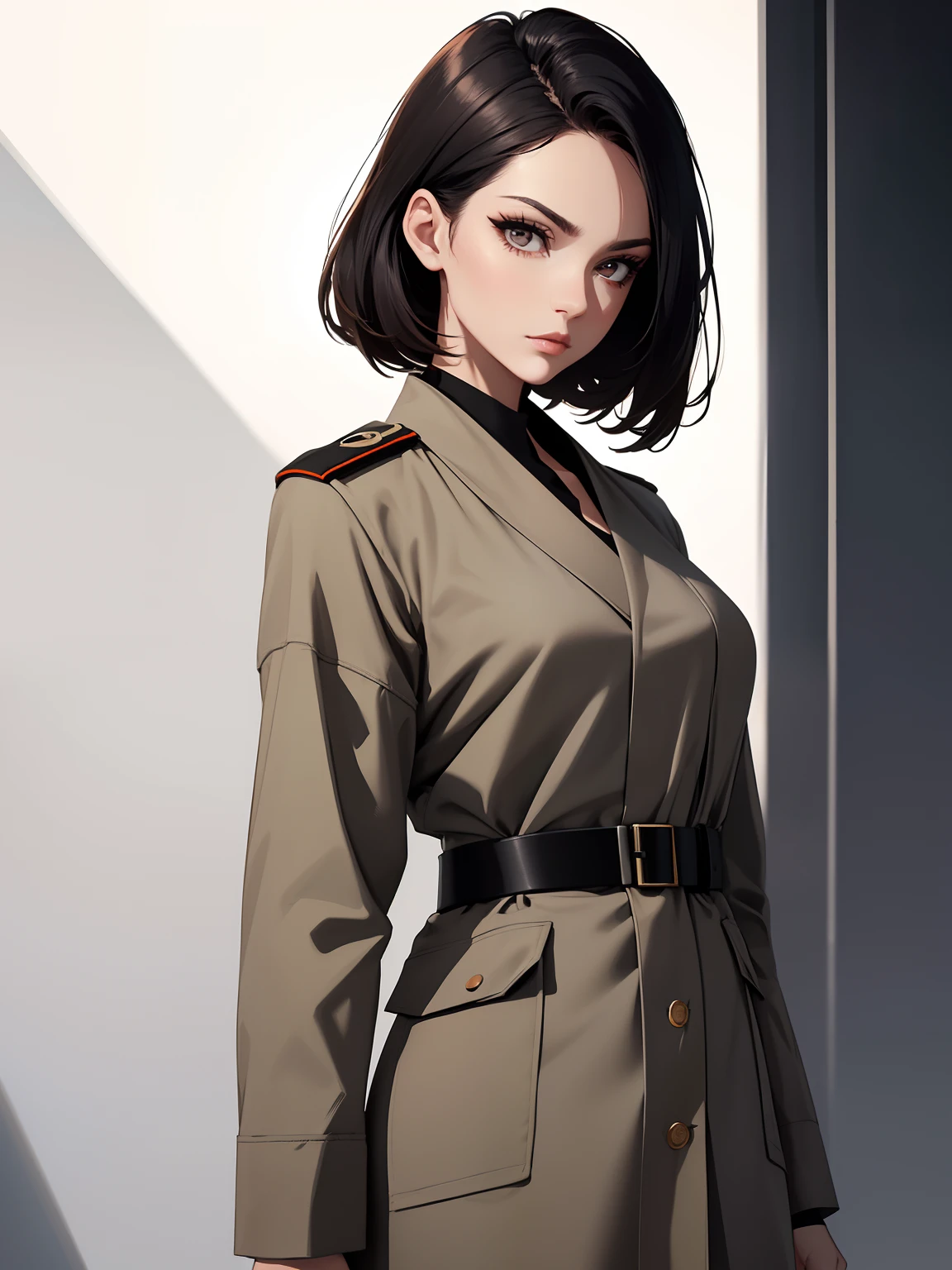 Army Female officer wearing army uniform , makeup, mascara, Lips are subdued or colors, Minimalism, monotone, red and orange, simple color palettes, Clean, sharp designs, flowing silhouettes, loose robe, high-waisted belt, asymmetrical, geometric, Elegant and luxurious materials and designs, Simple, minimal accessories, Distinctive designs, simple silhouettes, chic and mature impression, simple and sophisticated style, elegance, minimalism, high quality materials, cool and urban impression, high fashion, , simplicity and sophistication, complex background. Low angle
