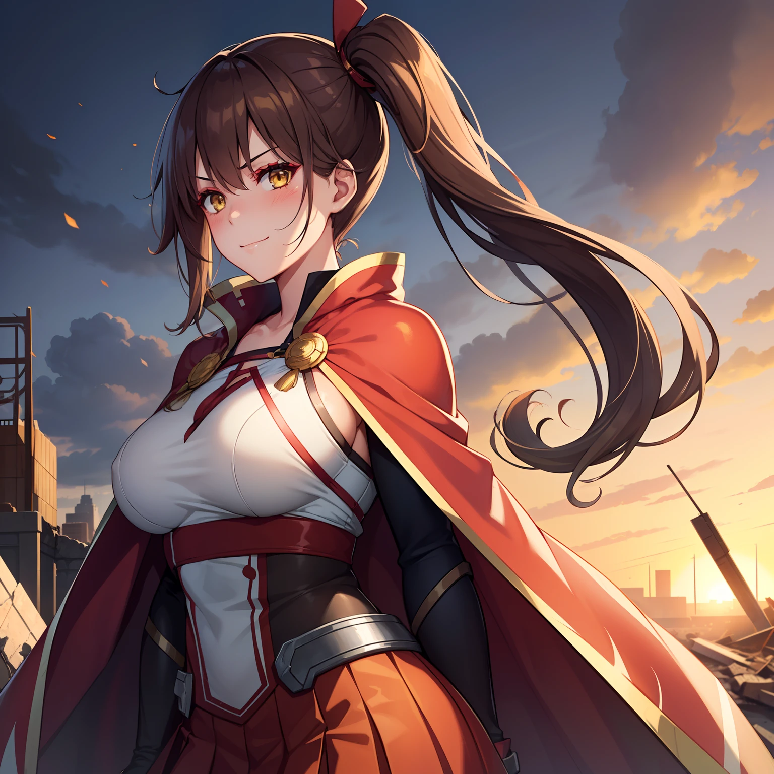 1girl,Zuikaku,gigantic breasts,superhero pose,standing in ruined city,(8k),scratches,detailed face,brown hair,yellow eyes,very long hair,embarassed,small smile face, side ponytail,orange eyeshadow,hair ornament, high_res, high_definition,the battlefield,blue suite,red cape,(Supergirl Custom:1.1),