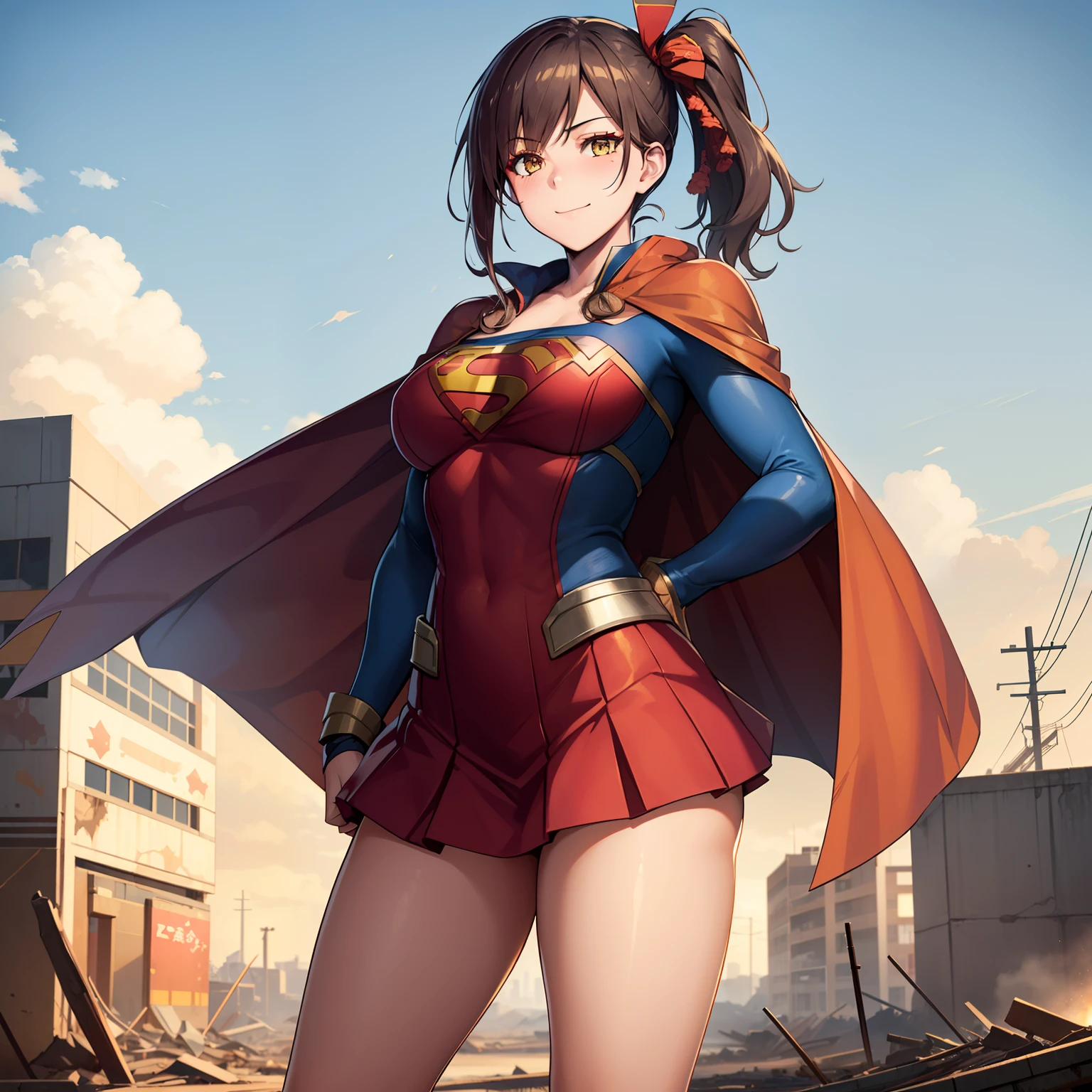 1girl,Zuikaku,gigantic breasts,superhero pose,standing in ruined city,(8k),scratches,detailed face,brown hair,yellow eyes,very long hair,embarassed,small smile face, side ponytail,orange eyeshadow,hair ornament, high_res, high_definition,the battlefield,blue suite,red cape,(Supergirl Custom:1.1),