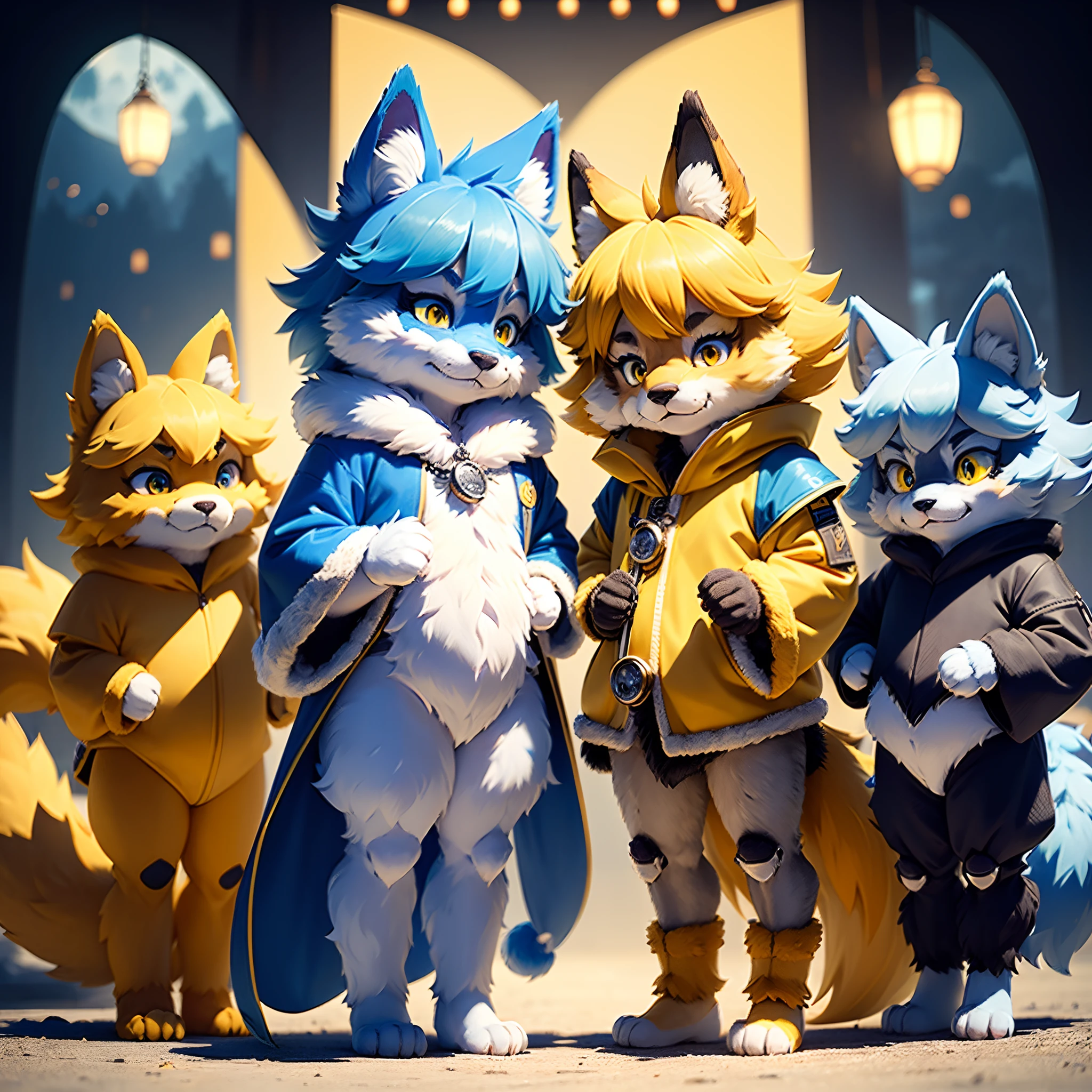 An anthropomorphic little wolf with bright eyes, in a panoramic view, Character focus.(detailedbackground:0.7), 独奏, shaggy, Hairy male, Male focus, anthr,(Full Body Furry, Fluffy tail, Yellow fur, Blue eyes, Blue hair:1.2), (long canines:1.2），（Lovely：1.1）