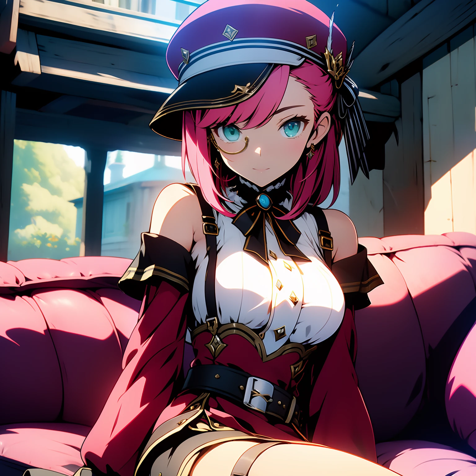 (masterpiece),best quality, cowboy shot, charlotte_genshin
expressive eyes, perfect face, 1girl, indoors, sitting on a couch, medium breasts
 beautiful, gorgeous ,1girl, red hat, pink hair, gloves, bare shoulders, belt, green eyes,thigh strap, detached sleeves, white shirt, monocle, short hair, jewelry,ribbon, hat feather,