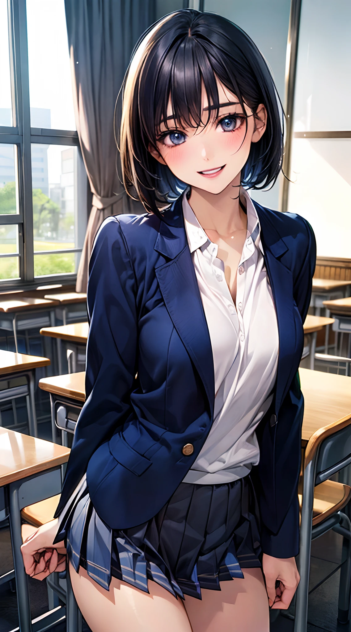 (masterpiece:1.2, top-quality), (realistic, photorealistic:1.4), beautiful illustration, NSFW, 
looking at viewer, cowboy shot, front view:0.8, 
1 girl, japanese, high school girl, black hair, (short hair:1.4), (bob hair:1.2), bangs, hair between eye, blue eyes, large breasts:1.0, (thick thighs), 
beautiful hair, beautiful face, beautiful detailed eyes, beautiful clavicle, beautiful body, beautiful chest, beautiful thigh, beautiful legs, beautiful fingers, 
(beautiful scenery), dawn, bright and refreshing classroom, desks, chairs, curtains, 
((navy blazer, pleated miniskirt, navy blue socks, private school uniform:1.2)), white panties, 
(swollen), ((seductive posture: 1.2, attractiveness: 1.2)), (idle),
(erotic,sexy, upper eyes, smiling smile: 1.2), shiny skin, open mouth, (put her finger on one's lips), 
perfect face, cute and symmetrical face, natural side lighting, movie lighting),