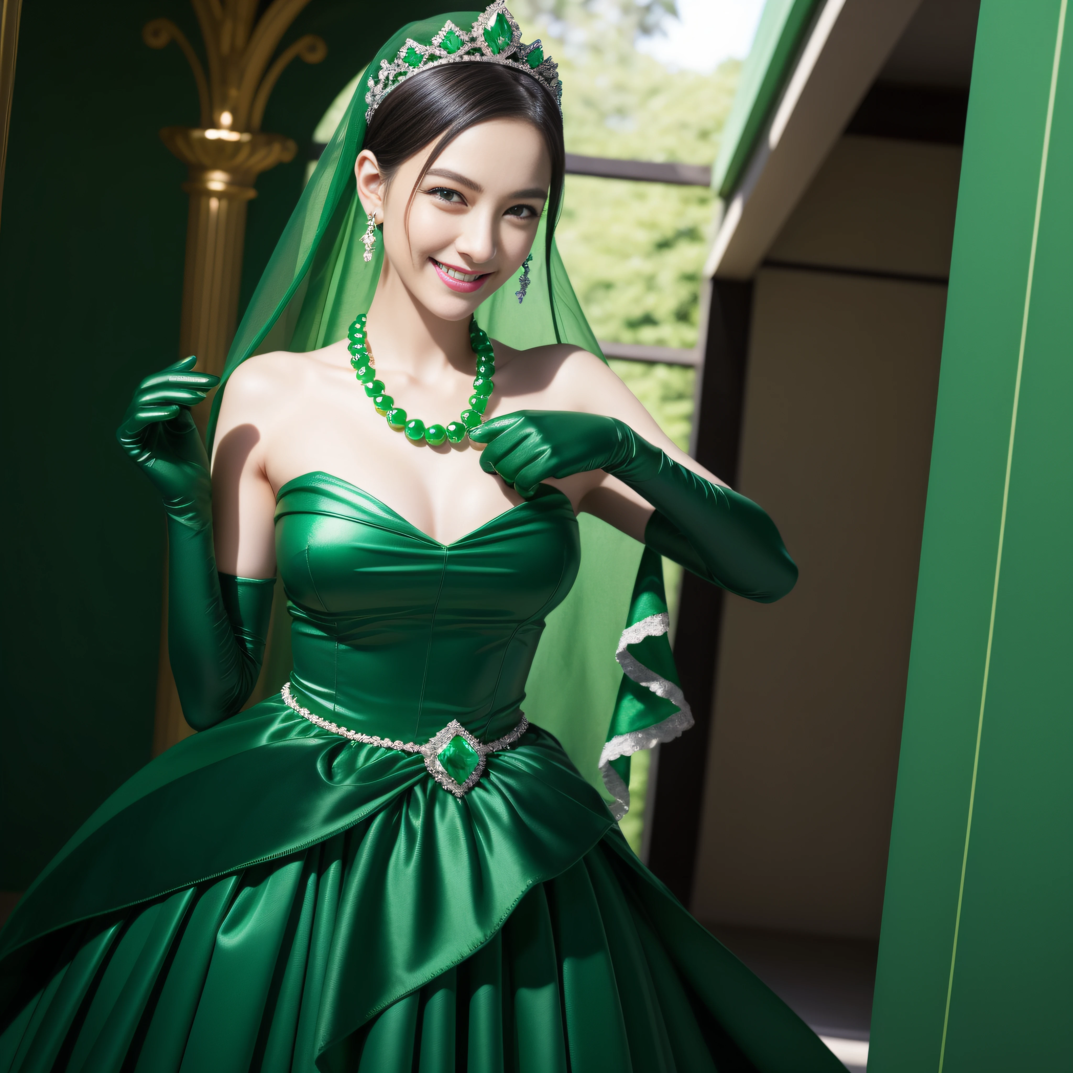 emerald tiara, Green Pearl Necklace, Boyish very short black hair, lipsticks, Japan woman smiling, very short short hair, big breasts beautiful, Green eyes, Long green gloves made of satin material, Green eyes, Emerald Earrings