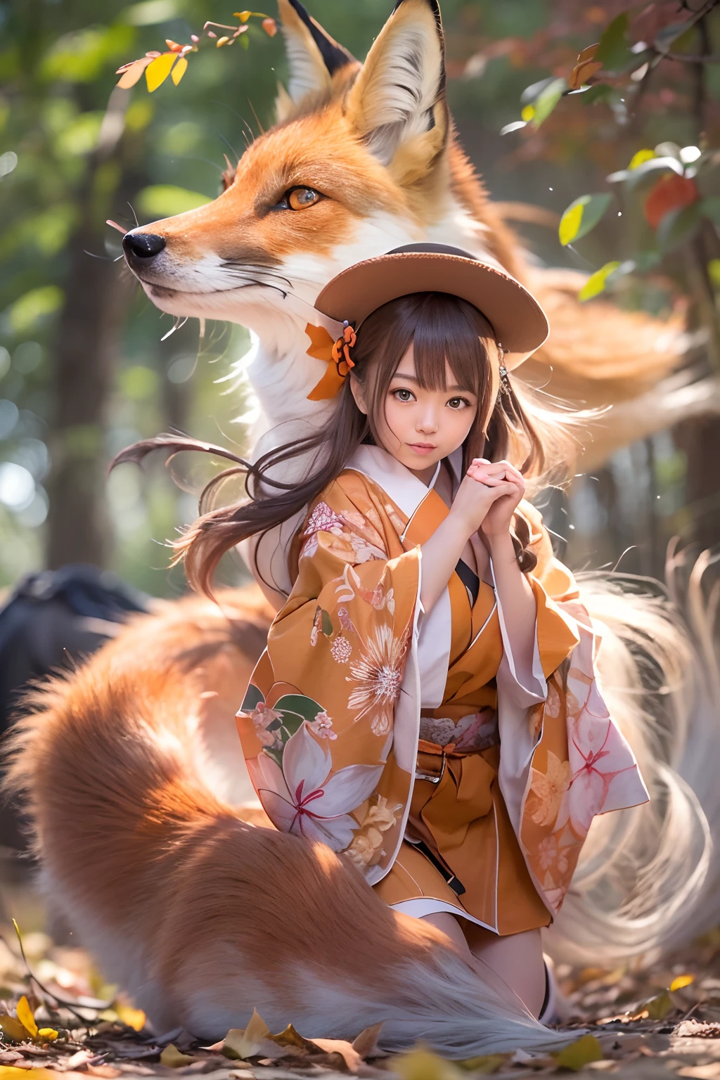 Two-shot photo of a girl and a fox,(Fantasia,Kitsune Yokai Four-Tailed Heavenly Fox,),(Girl and Fox Yokai: The Tale of the Four-Tailed Heavenly Fox),
(With a girl bent down deep in the forest and looking up,Fox Yokai Two-shot movie of a fox protecting a girl's back Poster of the four-tailed heavenly fox),
(natural soft light.)(Sunlight,),(Sunlight,),(Professional Lighting.),
(glossy light brown and orange two-tone color,,,,Wave Shortcut Hair,disheveled hair,),japanese kimono,Geta,Cute round face red lipstick,A cute smile that makes the viewer happy,
autumn forest,Strong wind soaring over dead leaves
Digital Illustration,
(Photorealsitic:1.3),(Raw photo.),
(masutepiece,top-quality,Ultra-high resolution output image,)
(The 8k quality,),(Image Mode Ultra HD,),(Image Mode Ultra HD,),(Sea Art 2.1:1.3,),Japan Anime Fantasy,