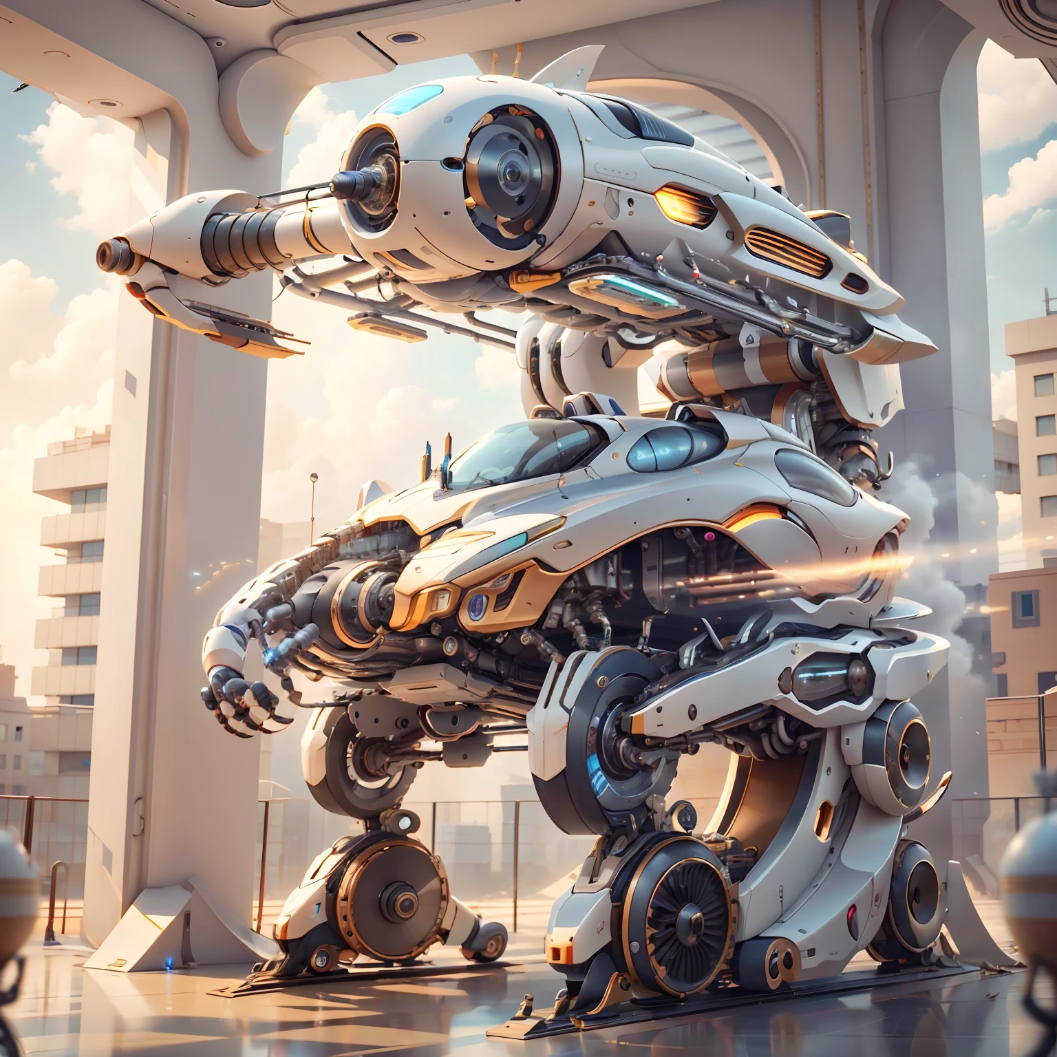 Visualize a futuristic machine of aerodynamic design, made with advanced materials, featuring a holographic interface. It performs complex tasks with precision, Driving automation and simplicity in everyday life.