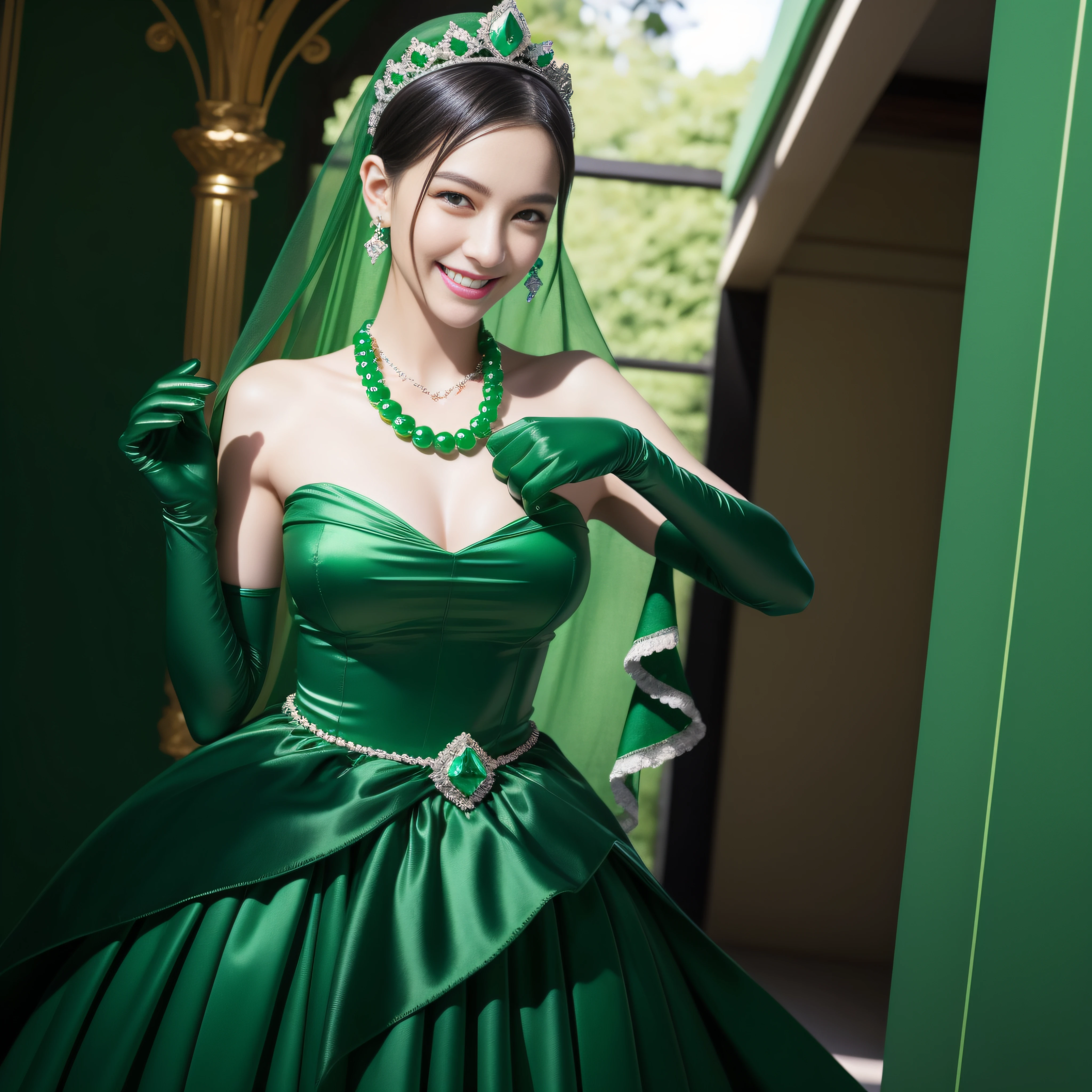 emerald tiara, Green Pearl Necklace, Boyish very short black hair, lipsticks, Japan woman smiling, very short short hair, big breasts beautiful, Green eyes, Long green gloves made of satin material, Green eyes, Emerald Earrings