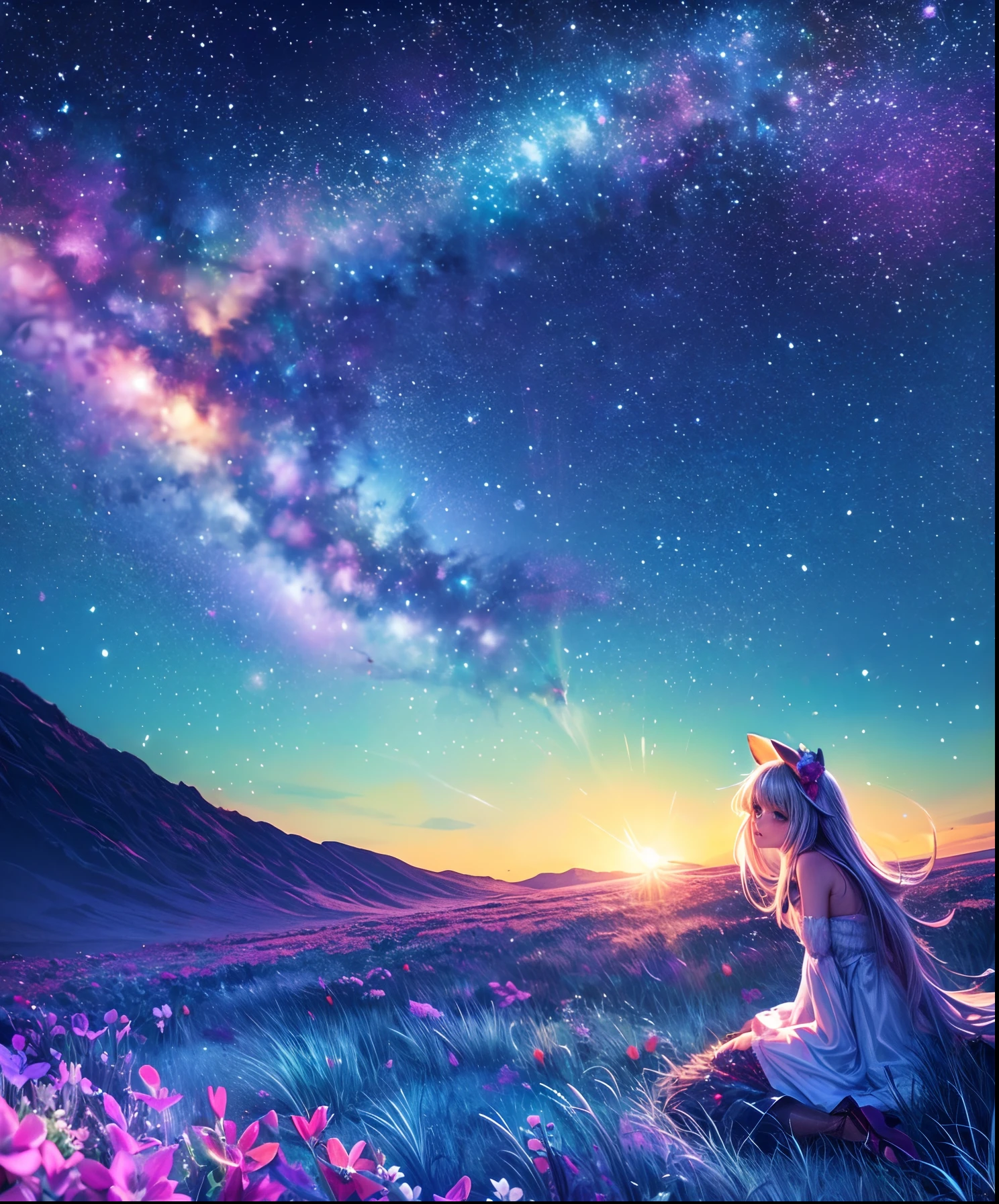 Describe a scene where a cute girl character is lying on a grassy hill, Looking up at the starry sky. Surround her with colorful nebulae and her favorite constellations.