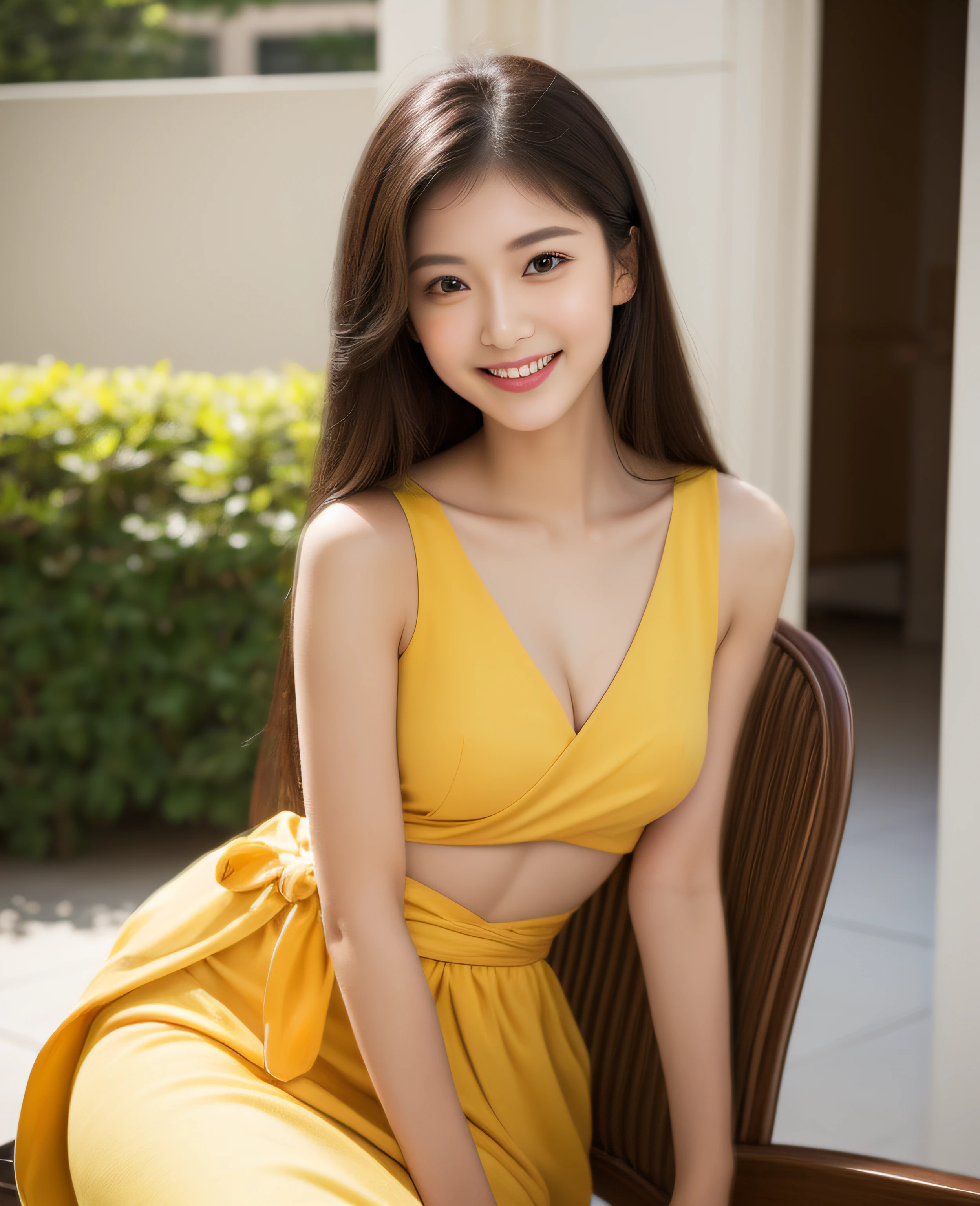 ((best quality, 8K, masterpiece: 1.3)), beautiful woman, pure, melon face, kind and cute, sweet smile, pure desire, slender body, ((Random body direction)), (tilted head), ((looking at camera)), pure desire, wearing a random color short dress, black silky long hair, long flowing shoulders, round black big eyes, clear big eyes, moist red lips, sweet, sitting in a lounge, Decorated with brightly colored flowers cafe background, 28 years old,  (chest to head shot),