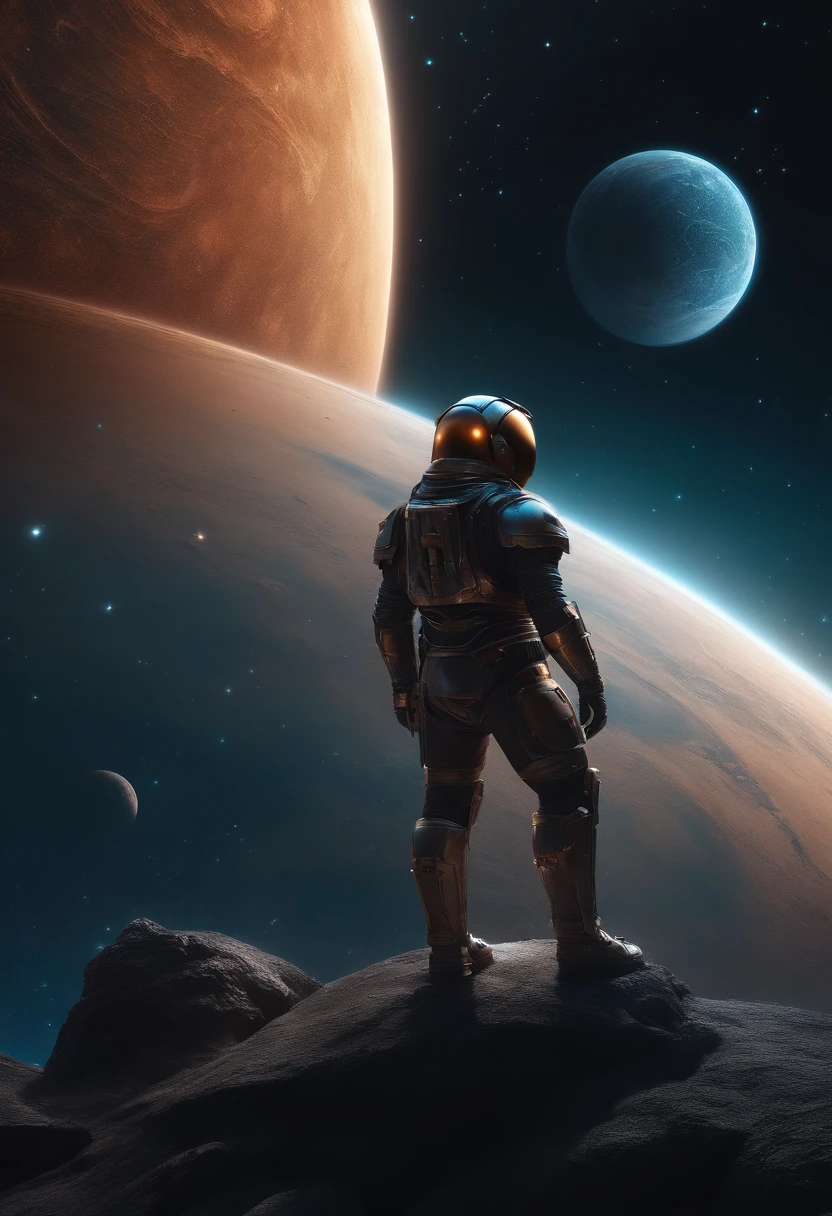 a man in armor on a rock looking at the stars in the sky, endless cosmos in the background, looking at the cosmos, Highly detailed 4k digital art, lost in the milky void, amazing wallpaper, Artgem and Beeple Masterpiece, 8k stunning art , 8k hd digital art wallpaper, lost in the vastness of space, some planets, Black Hole