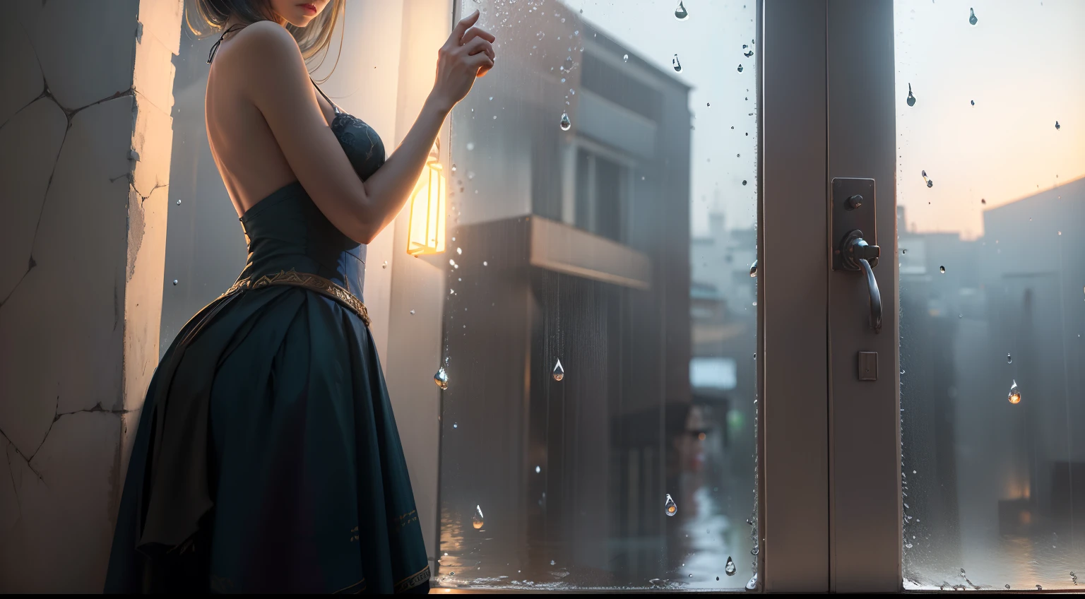 sentado ao lado da janela，Olhe para fora e pense，It rained so little outside the window，Imagem de beleza，Detalhes da cena，Detalhes de Luz e Sombra，detalhes do rosto，European clothing，8k,tmasterpiece