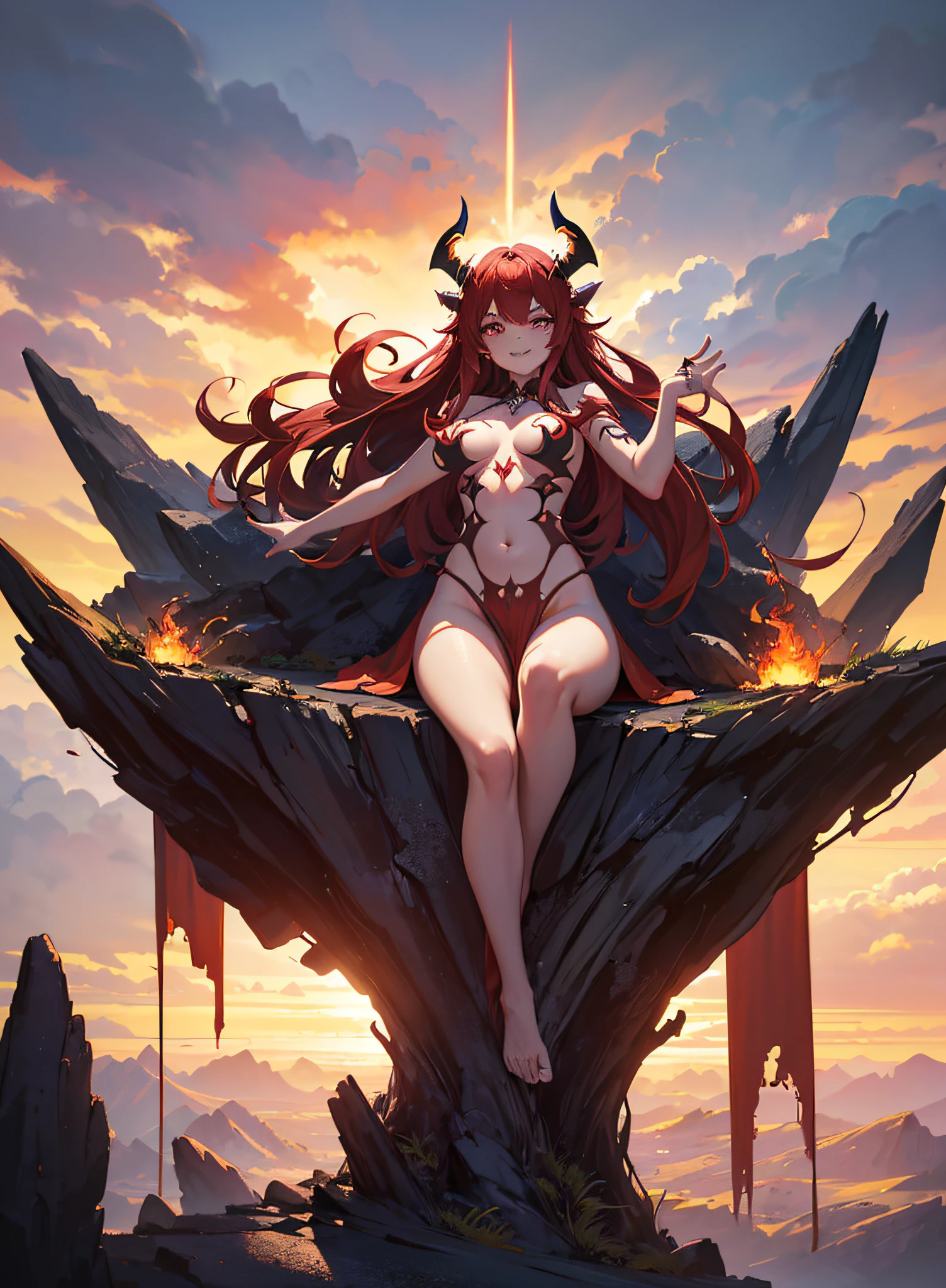 A half-naked girl floating with huge fireball in her hands, long scarlet hair, demon horns, devilish smile, fangs, marks on her face, oppressive, badass character, bioluminecence, Expansive landscape photography, highest quality photography, ( master piece), (detailed: 1.5), perfect drawing, (ultra-realistic), {extremely detailed CG unit 8k wallpaper}, Expansive landscape photography, (a view from below showing the dark sky, expansive open field view ), (low-angle shot), (light: 0.5), (warm light source: 1.0), complex details, (Iridescent colors: 1.5), (bright lighting), (atmospheric lighting), (solo: 1.5)