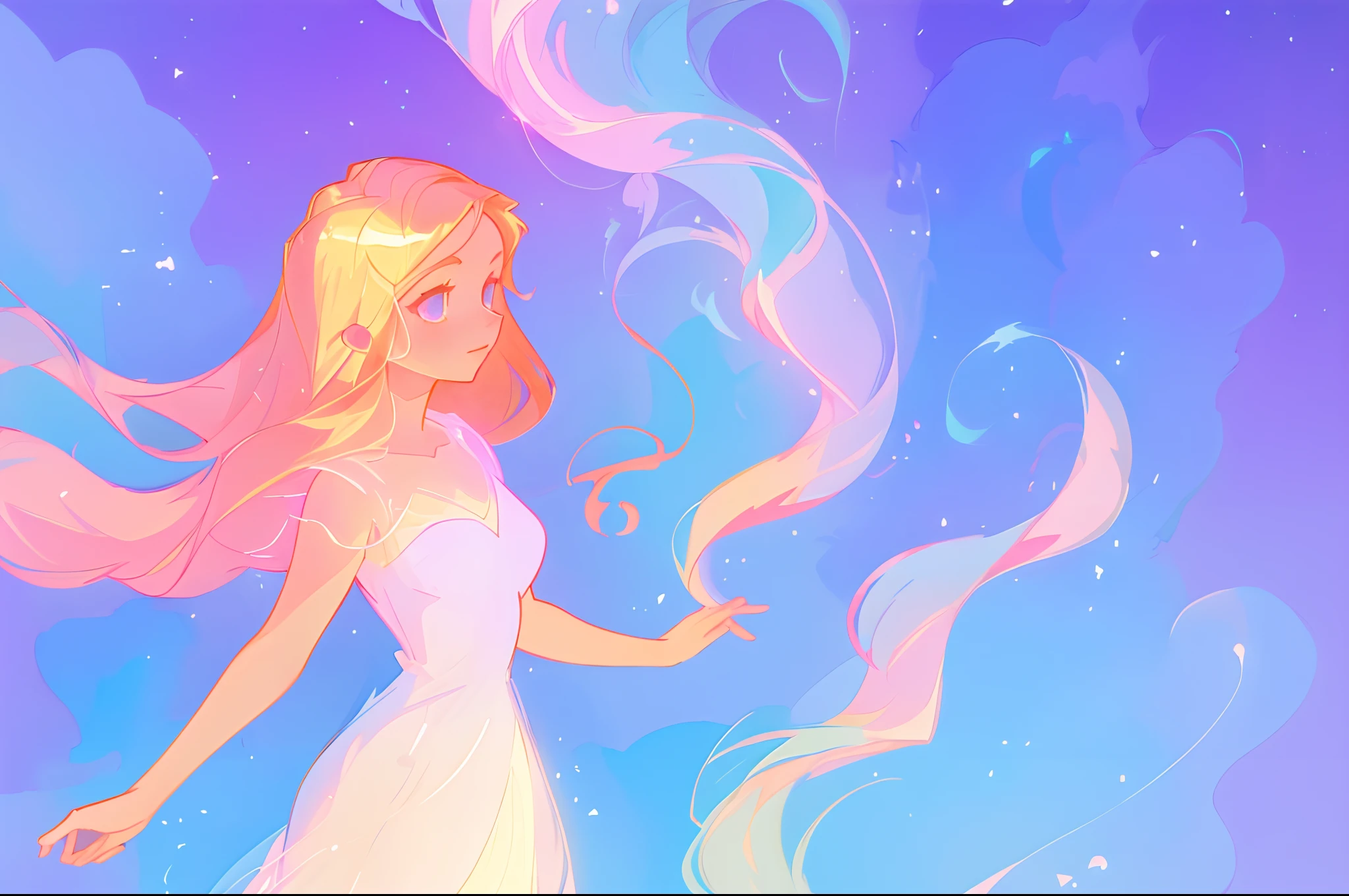 anime, a girl with long hair, in a white dress, holding a pink and blue ball, long glowing ethereal hair, glowing flowing hair, flowing glowing hair, anime girl with cosmic hair, beautiful young wind spirit, long glowing hair, beautiful anime art style, beautiful digital illustration, ethereal anime, a beautiful artwork illustration, blonde anime girl with long hair, inspired by Glen Keane, inspired by Lois van Baarle, disney art style, by Lois van Baarle, glowing aura around her, by Glen Keane, jen bartel, glowing lights