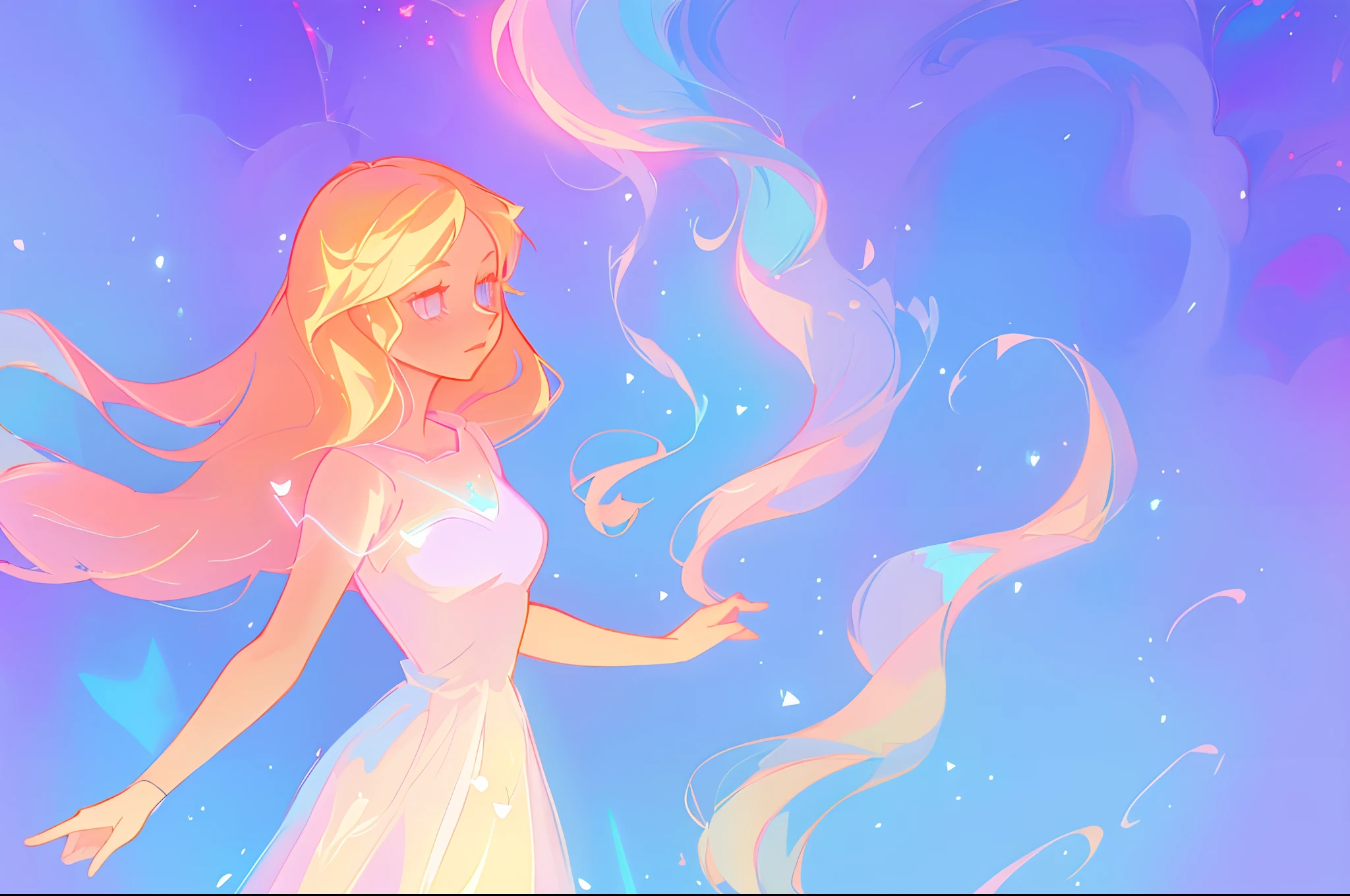anime, a girl with long hair, in a white dress, holding a pink and blue ball, long glowing ethereal hair, glowing flowing hair, flowing glowing hair, anime girl with cosmic hair, beautiful young wind spirit, long glowing hair, beautiful anime art style, beautiful digital illustration, ethereal anime, a beautiful artwork illustration, blonde anime girl with long hair, inspired by Glen Keane, inspired by Lois van Baarle, disney art style, by Lois van Baarle, glowing aura around her, by Glen Keane, jen bartel, glowing lights