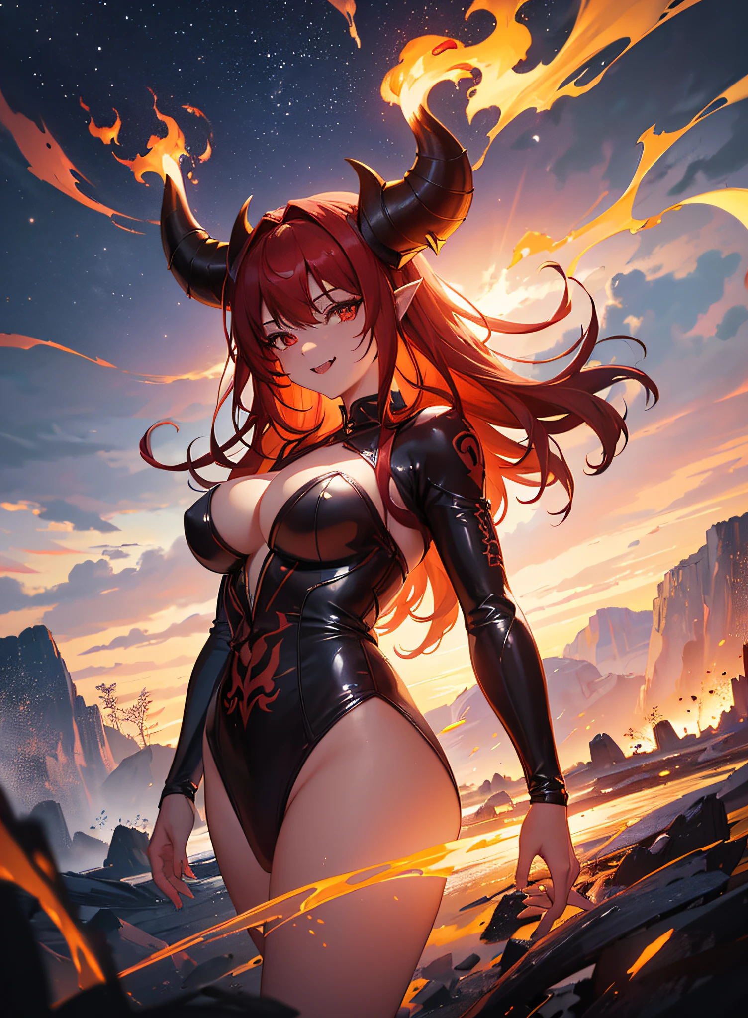 A half-naked girl floating with huge fireball in her hands, long scarlet hair, demon horns, devilish smile, fangs, marks on her face, oppressive, badass character, bioluminecence, Expansive landscape photography, highest quality photography, ( master piece), (detailed: 1.5), perfect drawing, (ultra-realistic), {extremely detailed CG unit 8k wallpaper}, Expansive landscape photography, (a view from below showing the dark sky, expansive open field view ), (low-angle shot), (light: 0.5), (warm light source: 1.0), complex details, (Iridescent colors: 1.5), (bright lighting), (atmospheric lighting), (solo: 1.5)