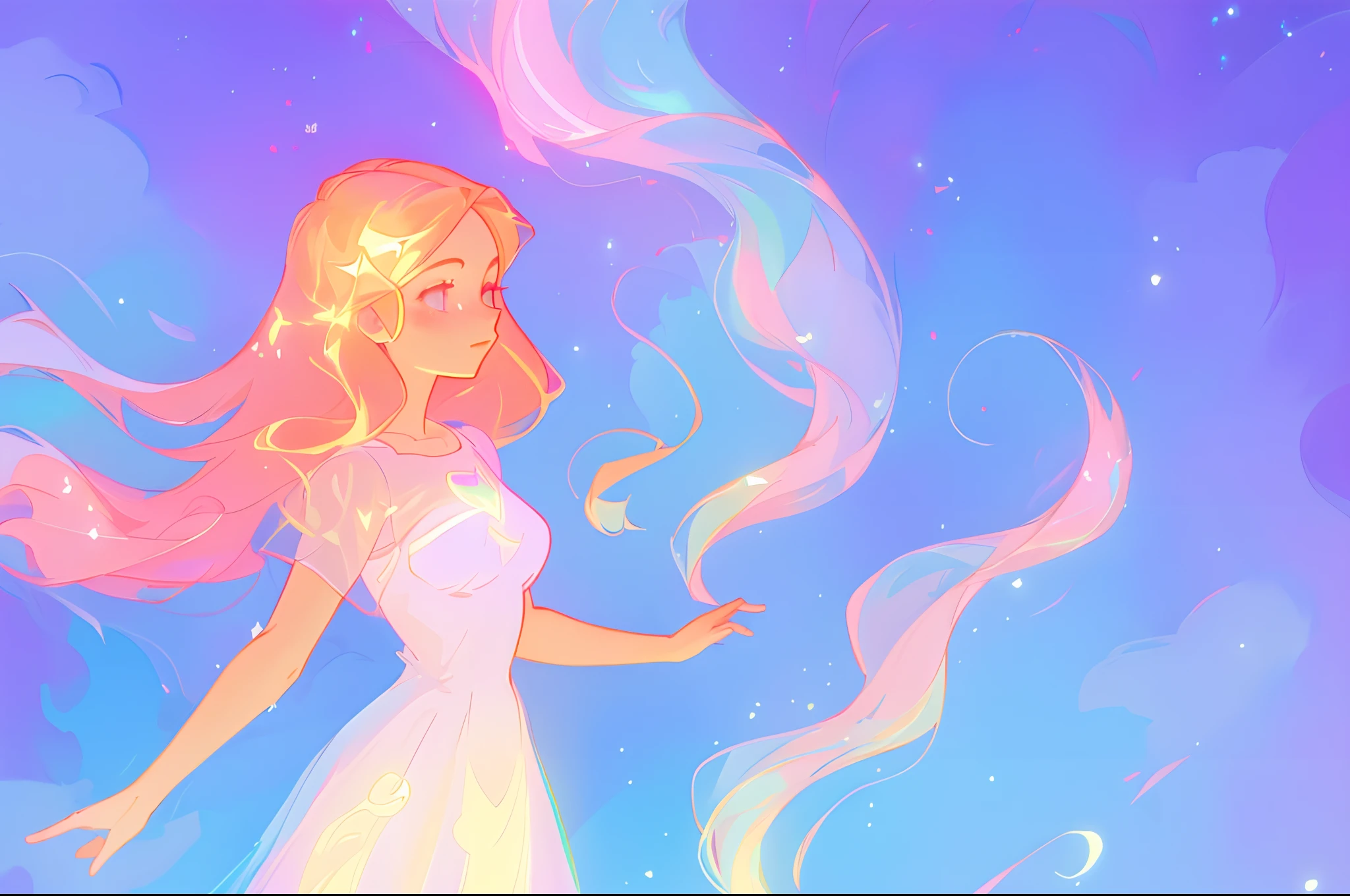 anime, a girl with long hair, in a white dress, holding a pink and blue ball, long glowing ethereal hair, glowing flowing hair, flowing glowing hair, anime girl with cosmic hair, beautiful young wind spirit, long glowing hair, beautiful anime art style, beautiful digital illustration, ethereal anime, a beautiful artwork illustration, blonde anime girl with long hair, inspired by Glen Keane, inspired by Lois van Baarle, disney art style, by Lois van Baarle, glowing aura around her, by Glen Keane, jen bartel, glowing lights