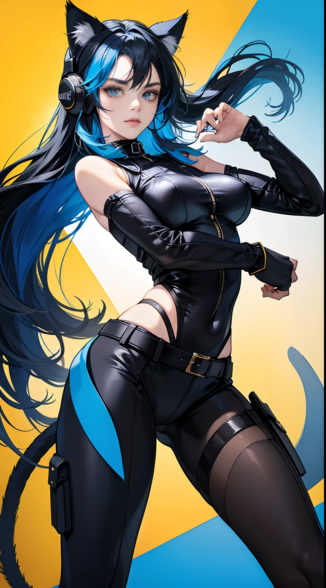 masterpiece, best quality, high quality, High definition, High quality texture, High quality shadow, high detail, sharp focus, (intricate details, makeup, PureErosFace_V1:0.5), ((long dak blue hair)), (Beautiful face, Cute face, Detailed face), (((Sunny))), Perfect Eyes Eyes, 1 woman,(Spread legs:1.3),sexy, (((arms wide open))),(put hand on hip),((slender hand)), ((slender leg)), ((slender foot)), bird eyes view, look at viewer, sci-fi, bodysuit, yellow eyes, smirk