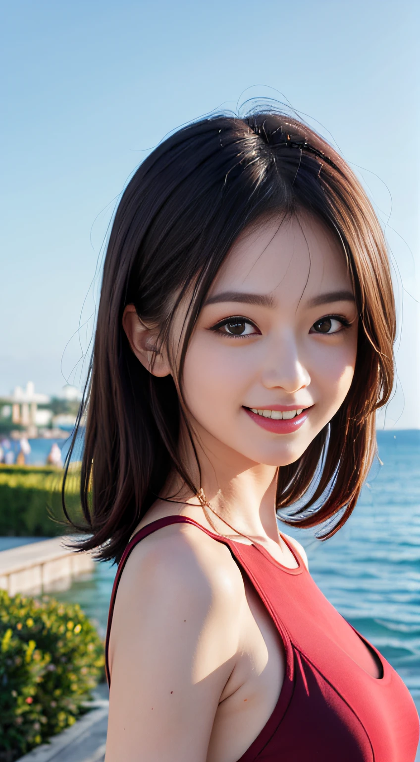 The upper part of the body、Medium Hair、masutepiece, Best Quality, 8K, 18year old, , Raw photo, absurderes, award winning portrait, Solo, Under the blue sky、sea side、Red swimsuit, Idol face, violaceaess, gardeniass, Delicate girl,The chest isＤcups、 Upper body, Digital SLR, Looking at Viewer, Happy smile when you see this、Candid, Sophisticated,  Smile, Thin arms, Professional Lighting, Film grain, chromatic abberation, (Eyes and faces with detailed:1.0),