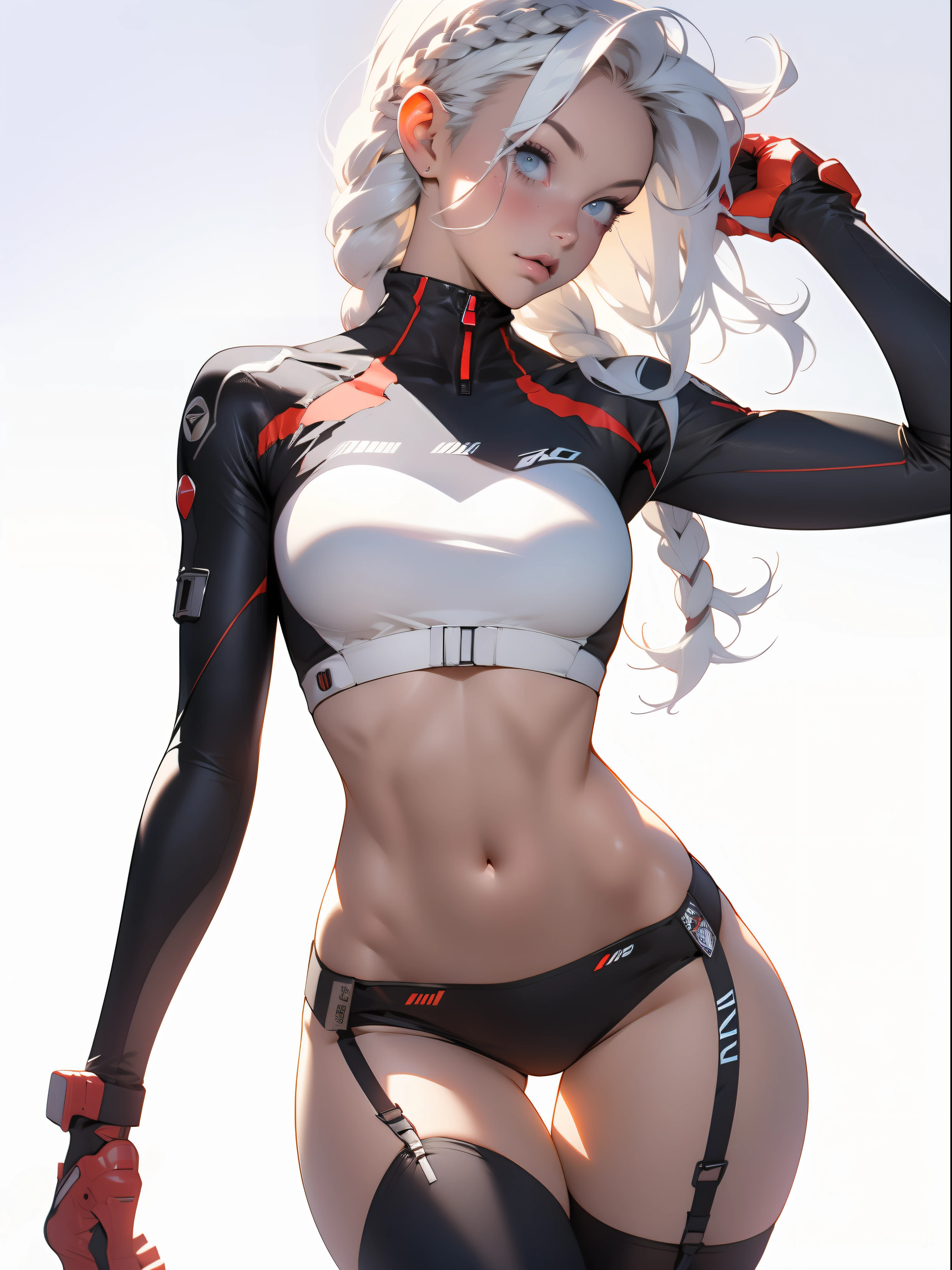 ((Best quality)), ((masterpiece)), (detailed: 1.4), (Absurd), War-ready female fighter pilot with military bikini, Marine, dark skin, defined sculpted body, full body, bare thighs, closed mouth, cyberpunk, semi naked, generous neckline, ((perfect medium breasts)), (super light blue eyes without pupils), (((military camouflage bikini)), (((white hair with braid)))), long eyelashes heavy makeup, garter belt, by mucha, niji --V5, close to real, psychopathic, perfect face, sexy pose, background with a giant head evangelion, 2 piece clothing, pastel, centered, scale to fit the dimensions, HDR (High Dynamic Range),Ray Tracing, NVIDIA RTX,Super-Resolution,Unreal 5,Subsurface Dispersion, PBR Texture, exposed belly, Post-processing, Anisotropic filtering, Depth of field, Maximum clarity and sharpness, Multilayer textures, Albedo and specular maps, Surface shading, Accurate simulation of light-material interaction, Perfect proportions, thigh gap, Octane Render, Two-tone lighting, Wide aperture, Low ISO, White balance, Rule of thirds, 8K RAW, crysisnanosuit bikini, thigh gap, nice hips, bikini panties, perfect legs, synthwave bikinis
