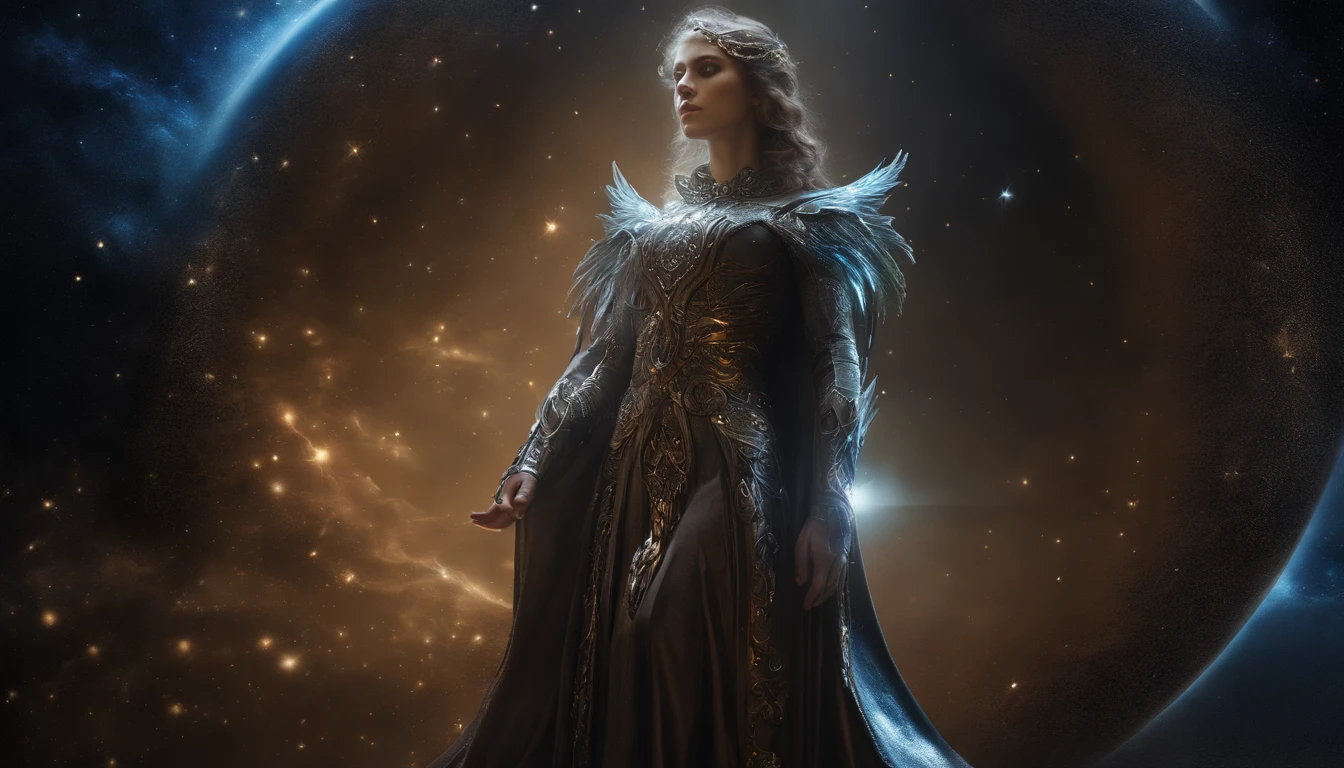 cosmic fallen angel, olhos claros brilhantes, Biomechanicals, estranho, assustador, Pesadelo, cores muito brilhantes, light particles, com luz brilhante, Mshiv, Arte do papel de parede, Papel de parede UHD, Anakyr Skywalker, 15 anos, roupas medievais