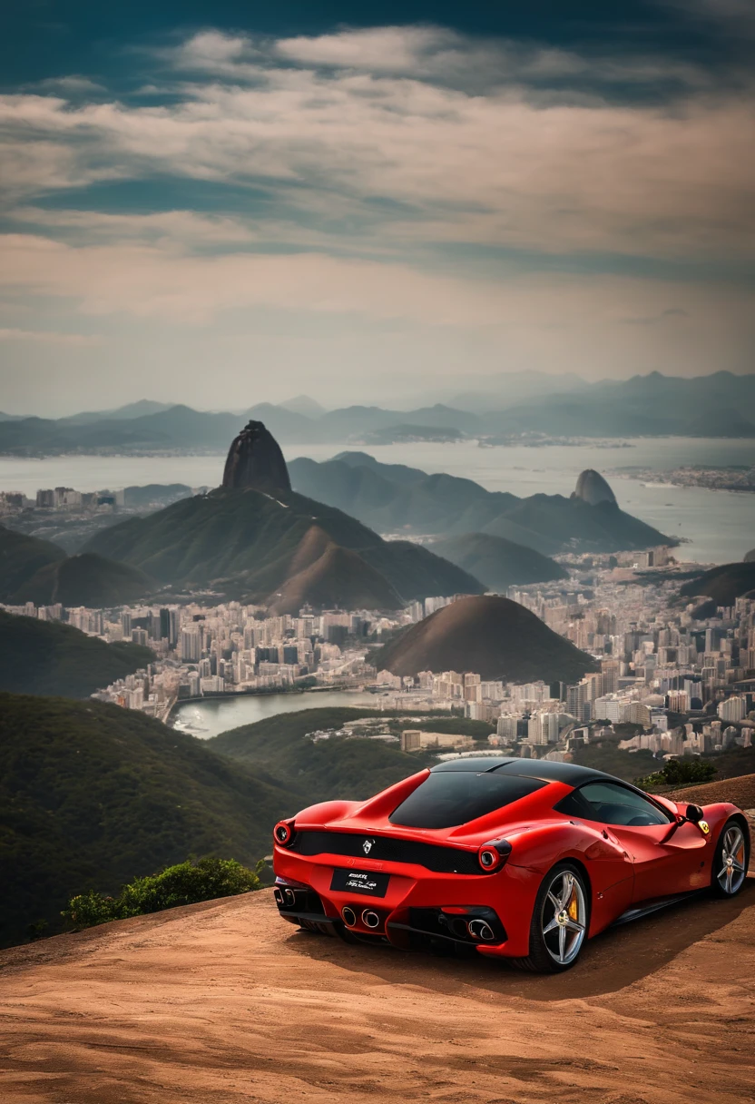 ferrari vermelha no deserto do saara com uma montanha de fundo, no fundo da imagem o cristo redentor do rio de janeiro. dia chuvoso, nuvens, raios.