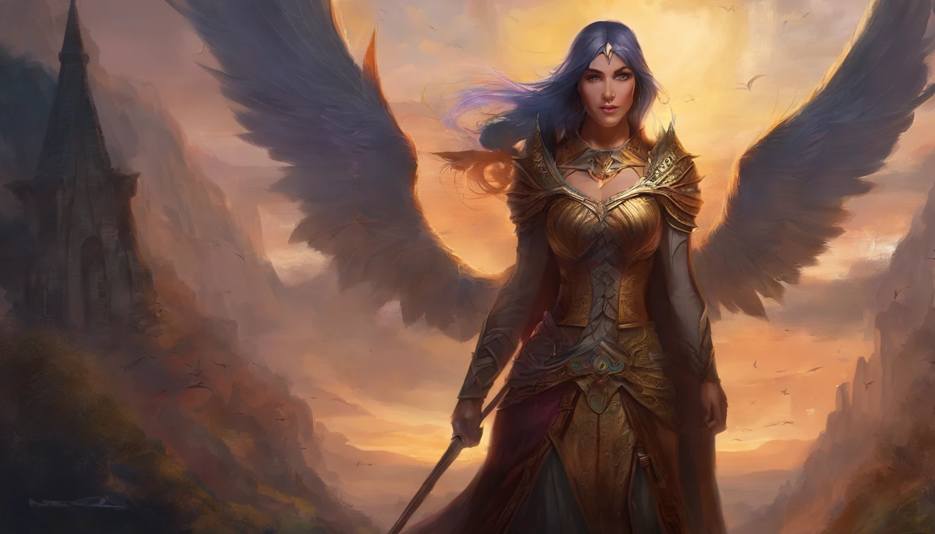 Morrigan, Deusa da guerra na mitologia celta irlandesa, Related to the fury of battle, is described as being able to take the form of any living creature, associada com o corvo. Standing full body. fundo com corvos. Estilo mito. poder e magia. mistic. medieval.