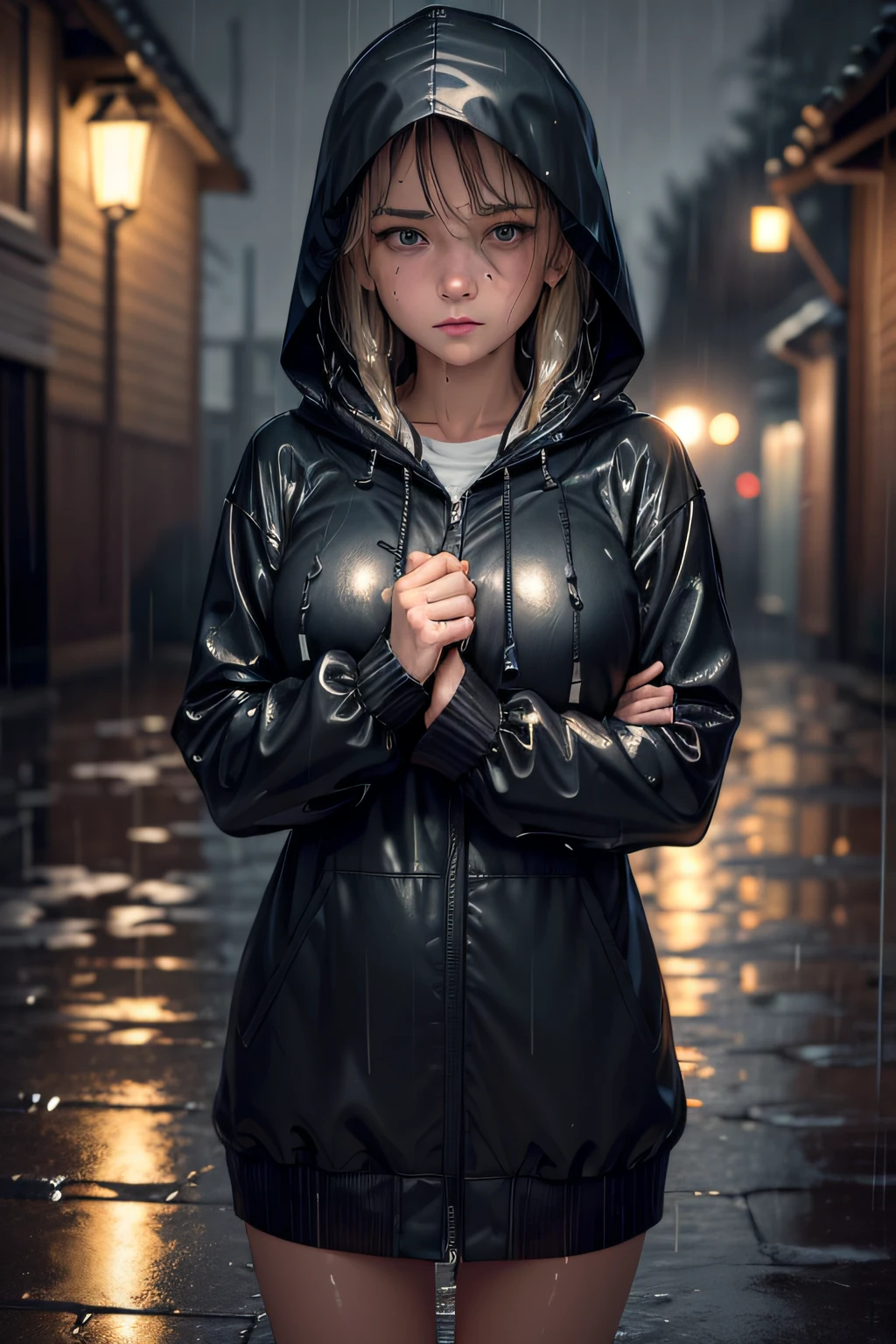 (Masterpiece:1.2, Best quality), (Real picture, Intricate details), (during night, Dark, heavy rain poured:1.4) There was no one in the alley, the surroundings were silent, Only raindrops splashed on the tiled eaves of the low houses, Near and far;, making a slight rustling sound. In the cold rain, (1girll, Wet hooded jacket, Sad, Perfect eyes:1.2) are standing,Fold your arms over your chest,8K