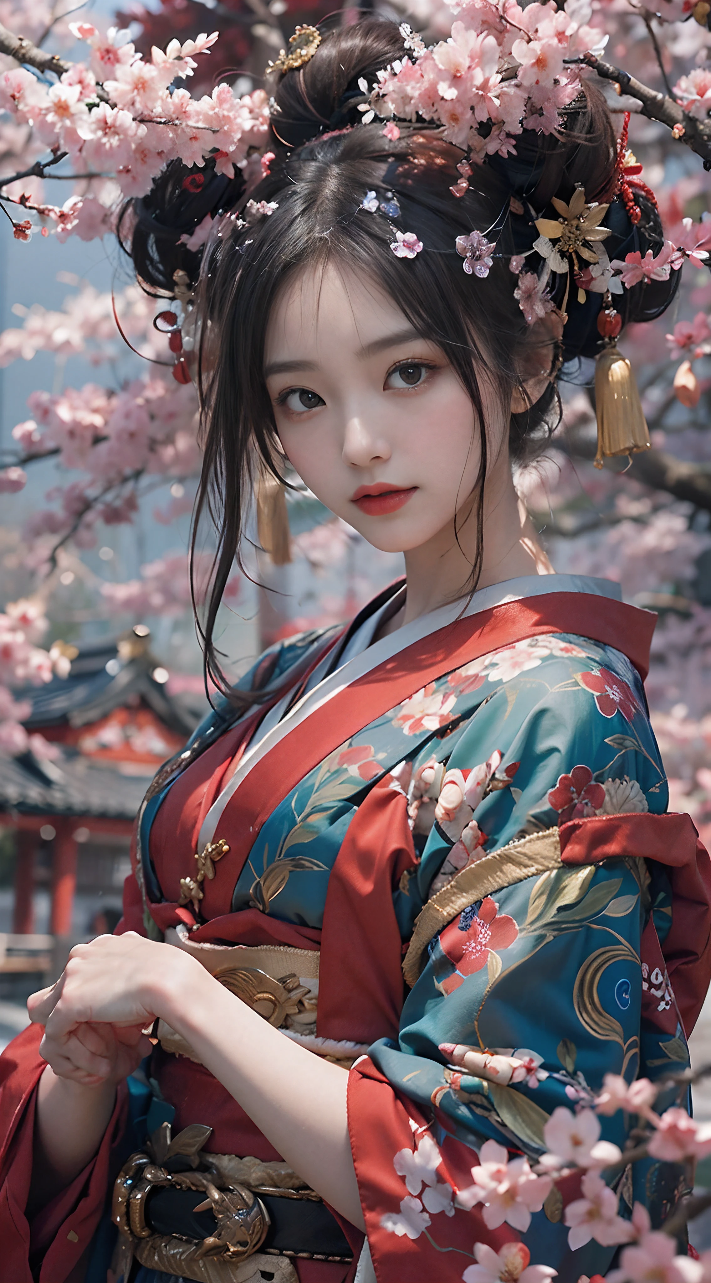 In a futuristic scene, Geisha in Japan with mechanical reinforcement、Elegant in elaborate gardens. She has beautifully detailed eyes and lips that complement her face. Geishas wear traditional kimonos with intricate patterns and designs. Around her are bright cherry trees and a quiet carp pond. The scene is painted with a blend of illustration and photorealism, Ultra-detailed brush strokes and clarity, Vivid colors. Lighting emphasizes the elegant features of the geisha, Gives her porcelain skin a soft glow. Artwork is of the highest quality, 4K or 8K resolution, Showcase the intricate details of geisha attire, cherry trees, And the shimmering scales of carp. The overall color scheme is、It is a combination of traditional shades of Japan, Crimson, etc., blacks, and subtle gold accents, With a futuristic twist. The fusion of ancient traditions and modern technology is、Create captivating and visually striking masterpieces.