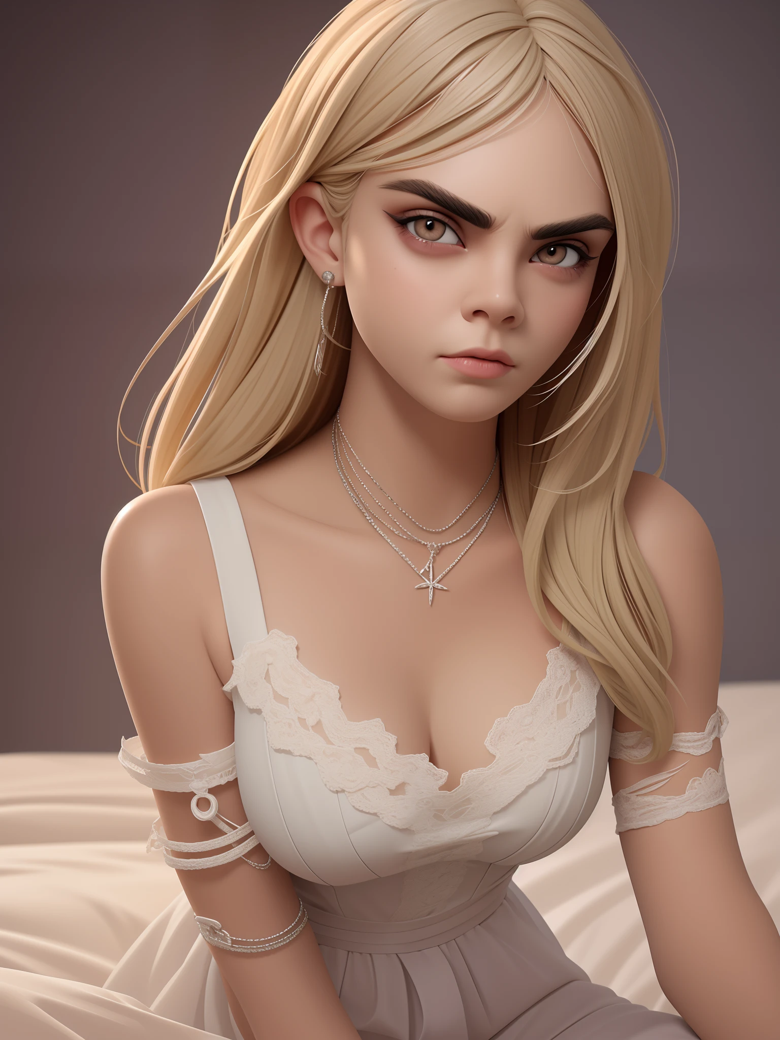 Mujer rubia con un vestido blanco sentada en una cama con un collar, Render fotorrealista de Anime Girl, 3D render character art 8 k, Anime CG arte suave, Render de abril, Lindo arte digital detallado, deviantart artstation cgscosiety, Renderizado CG 3D suave, Tendencias en CGVatstation, Arte detallado del anime digital, Arte detallado de alta calidad 8K