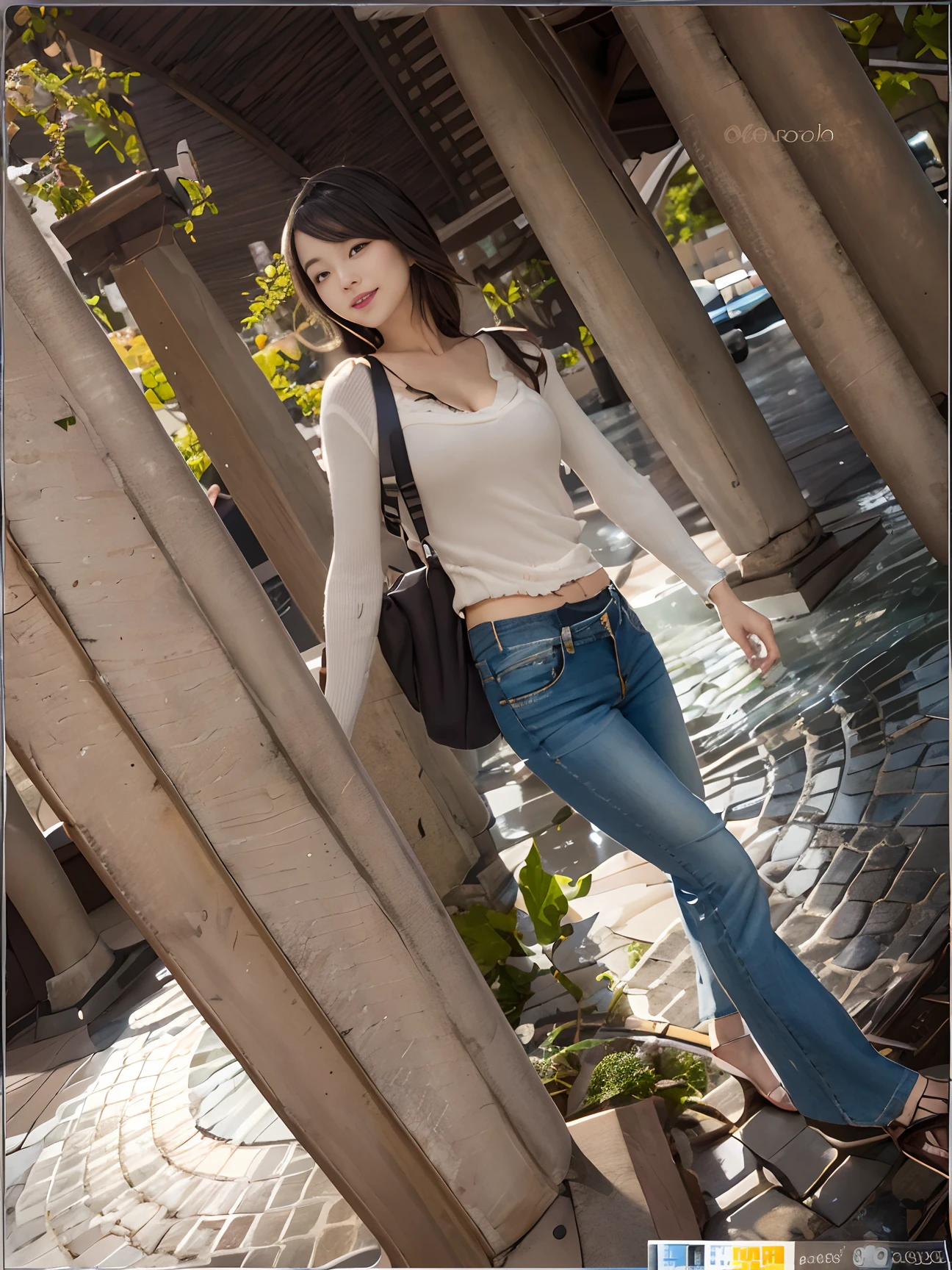 ((Best quality, realisticlying, 8k ultra high definition, Masterpiece: 1.3)), Focus: 1.5, Slim and slim figure,Petite,being thin: 1.4, (long beautiful hair,hair straight,Brown Black,Delicate hair)), (Wet clothes: 1.1) , (rain, the street: 1.3), 1 beautiful maiden(18yr old), 独奏,Black slip sweater, No bra, Raised breasts cleavage, Petite: 1.5, Big breasts Thin waist,Small buttocks,The flat lower abdomen is exposed,Stylish long jeans,(Low Waist),(Open navel), (Branded fashion flared pants:1.2), (Stylish washed blue trousers:1.2),Premium texture: 1.3, High-quality granularity, (Nice little crystal sandals: 1.2), Legs are well-proportioned,Highly detailed face and skin texture,petty face,Super nice looking, Beautiful eyes, 二重まぶた , delicated, beautifuldetails, Fair face and skin, Smile, Toothy,lipsticks,There are dimples,(female focus, waistup & hips focus, close focus, hdr shot), Legs together, varied pose,taken from behind (full bodyesbian: 1.8))
