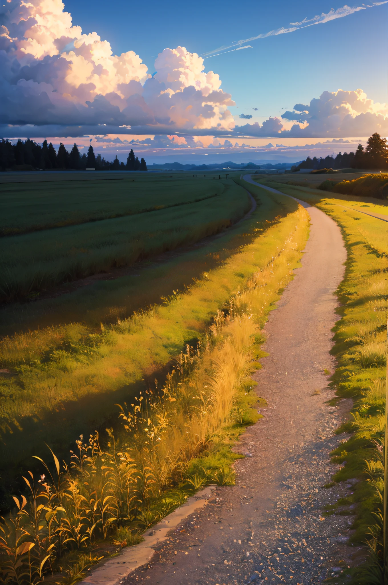 Pampas grass, autumnal, Gravel road, early evening, white clouds